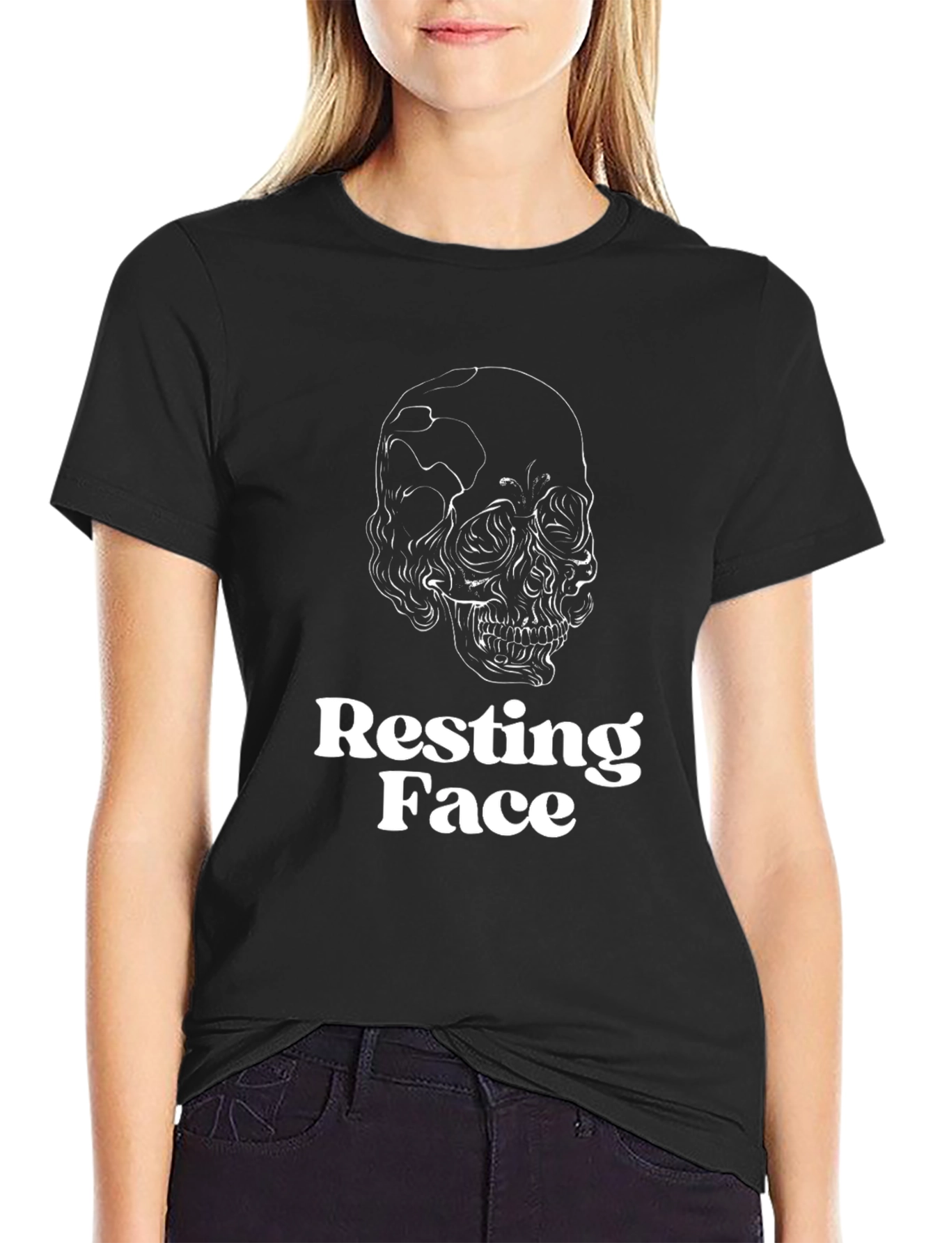 Black Resting Face Skull Graphic Tee - Black Cotton Casual T-Shirt view 2