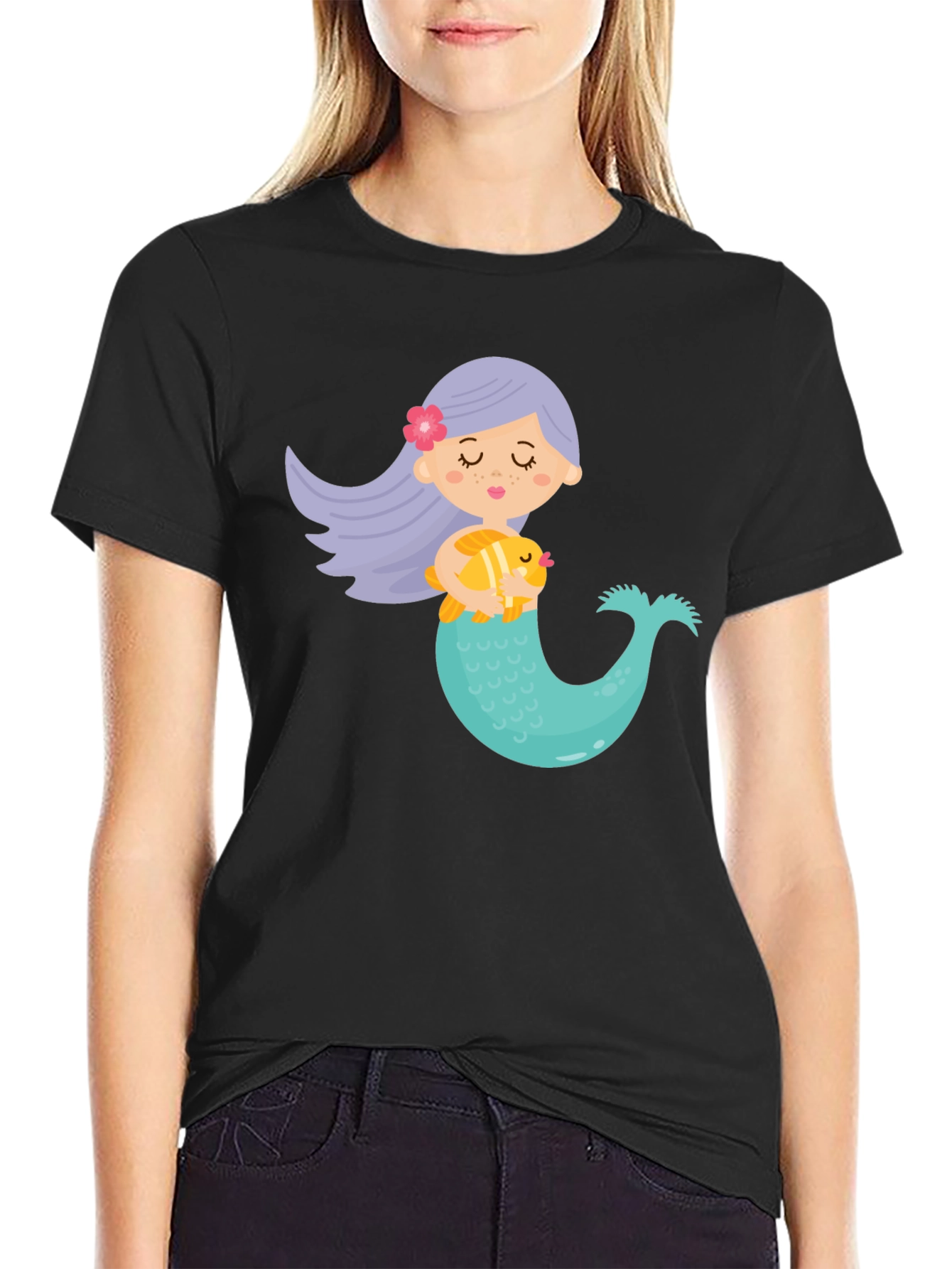 Black Cute Mermaid Graphic Tee - Black Unisex T-Shirt view 2