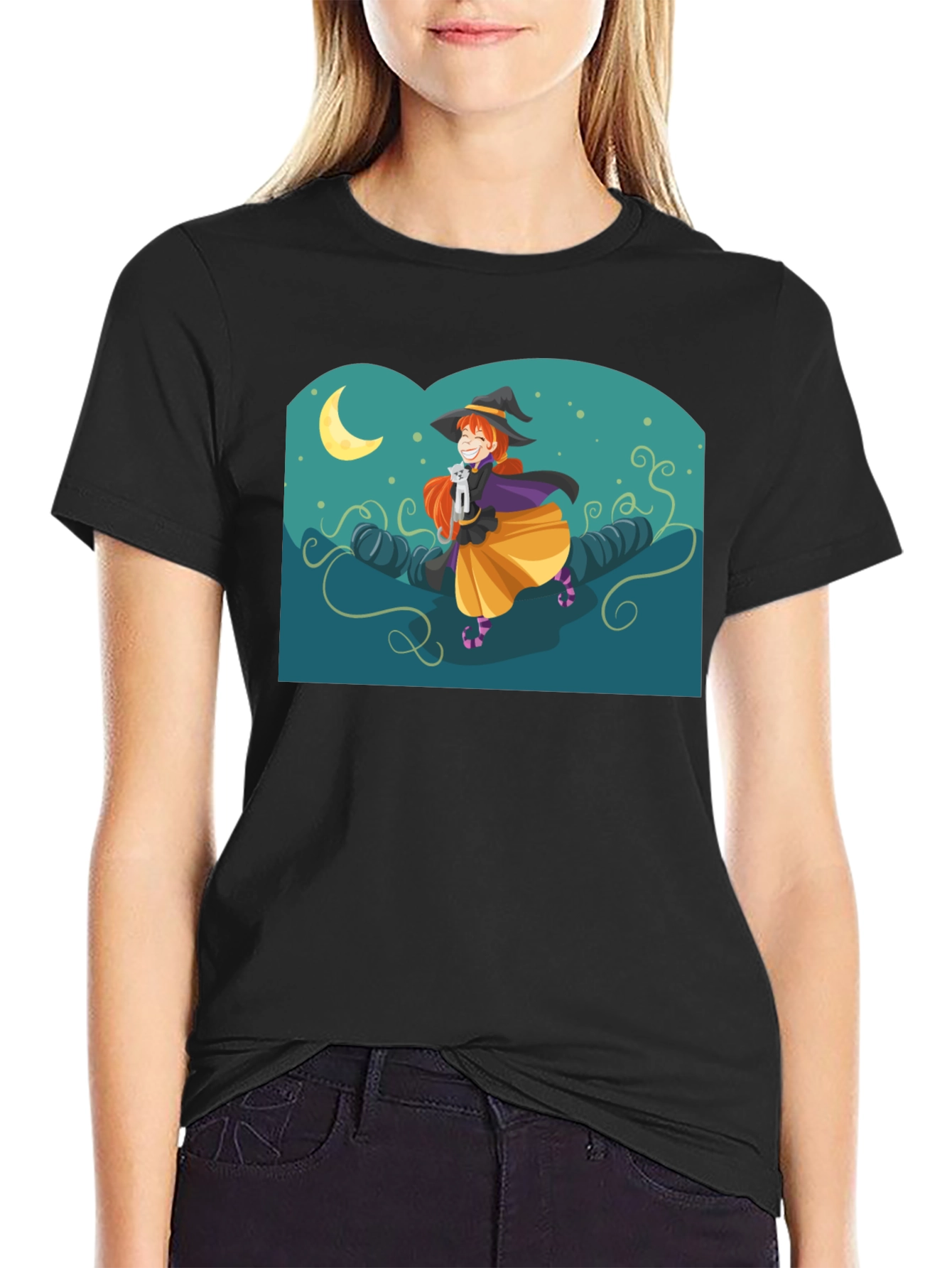 Black Whimsical Witch Graphic Tee - Black Cotton Shirt view 2
