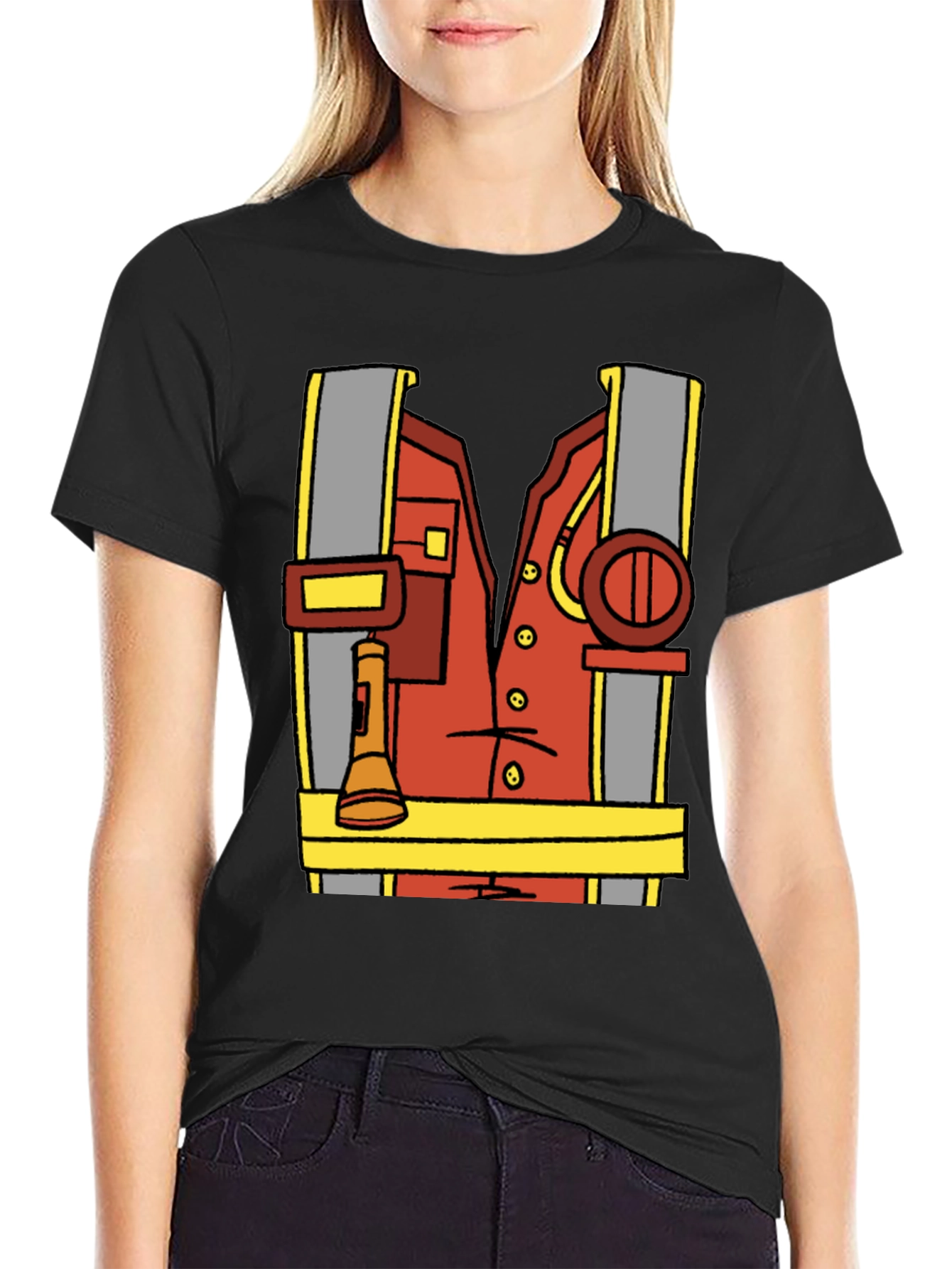 Black Cartoon Firefighter Costume Tee view 2