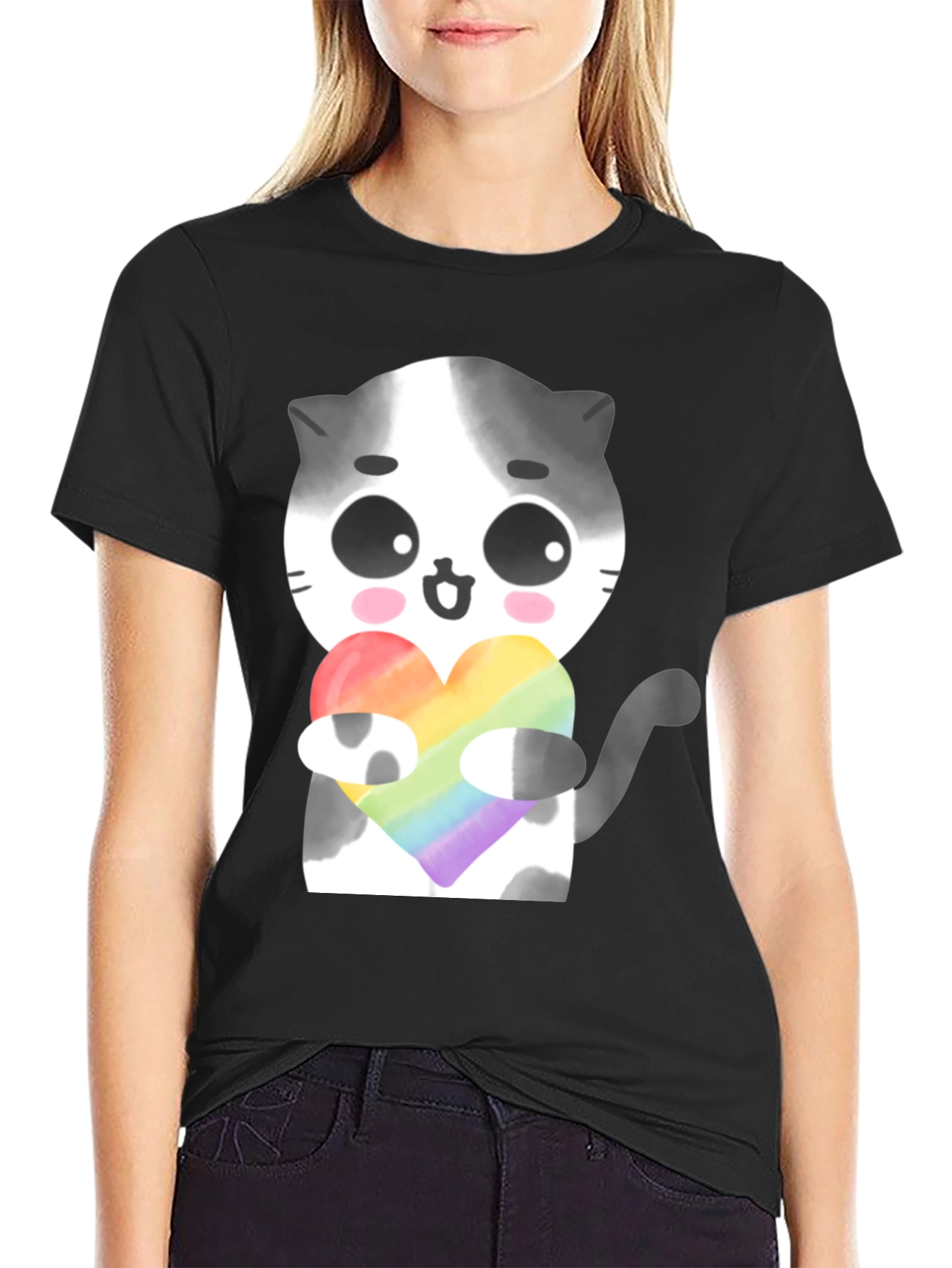 Black Cute Cat Holding Rainbow Heart T-Shirt view 2