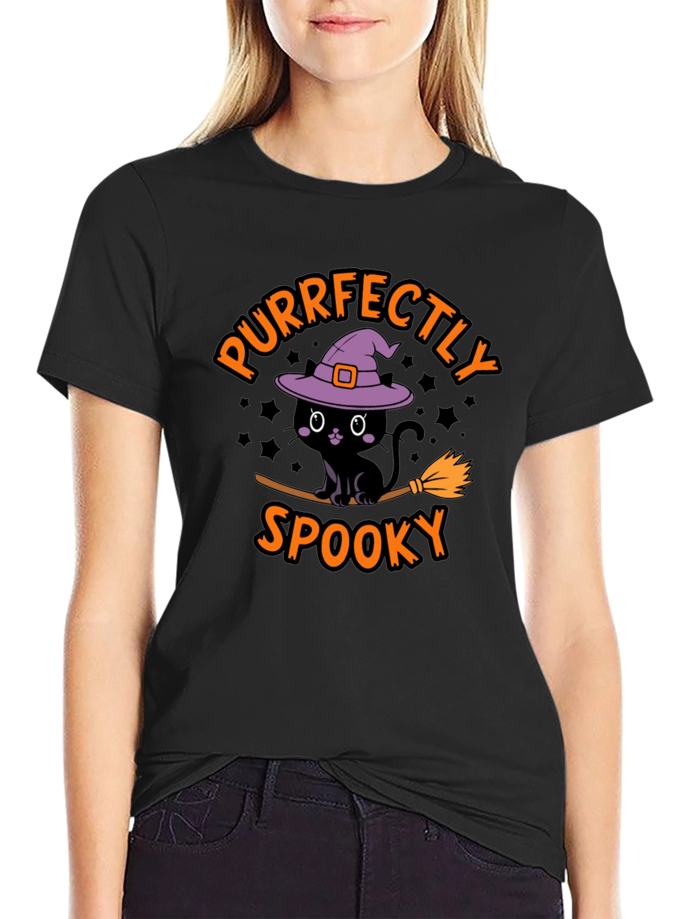 Black Purrfectly Spooky Halloween Black Cat T-Shirt view 2