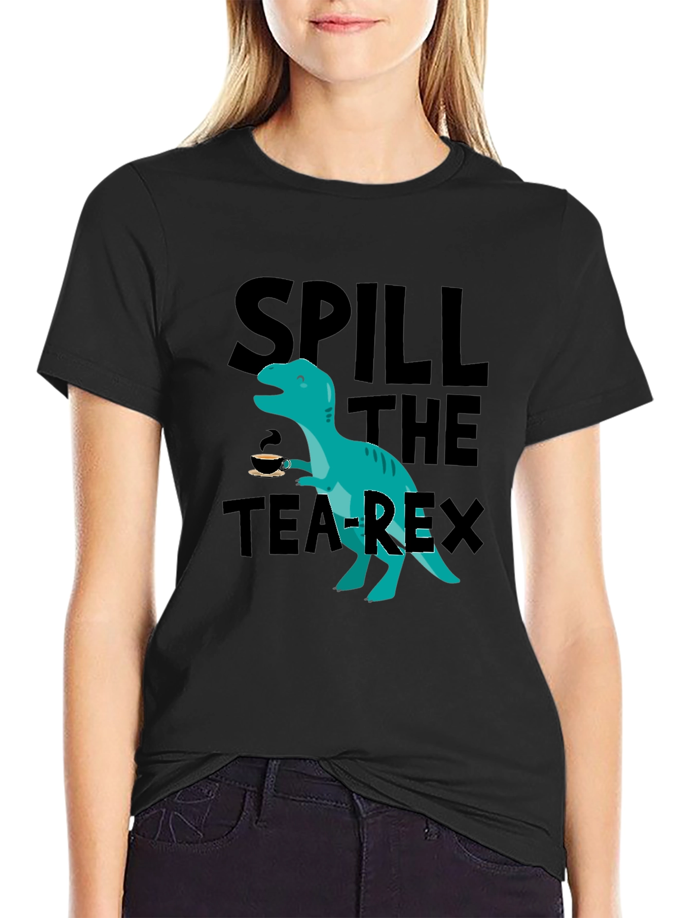 Black Spill the Tea-Rex T-Shirt - Funny Dinosaur Graphic Tee view 2