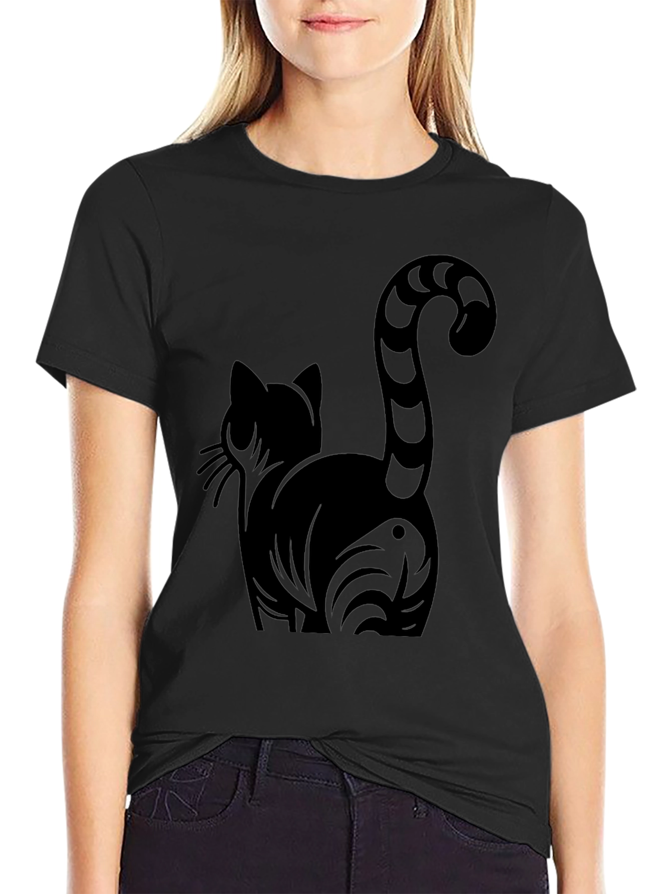 Black Stylish Black Cat Graphic Tee view 2