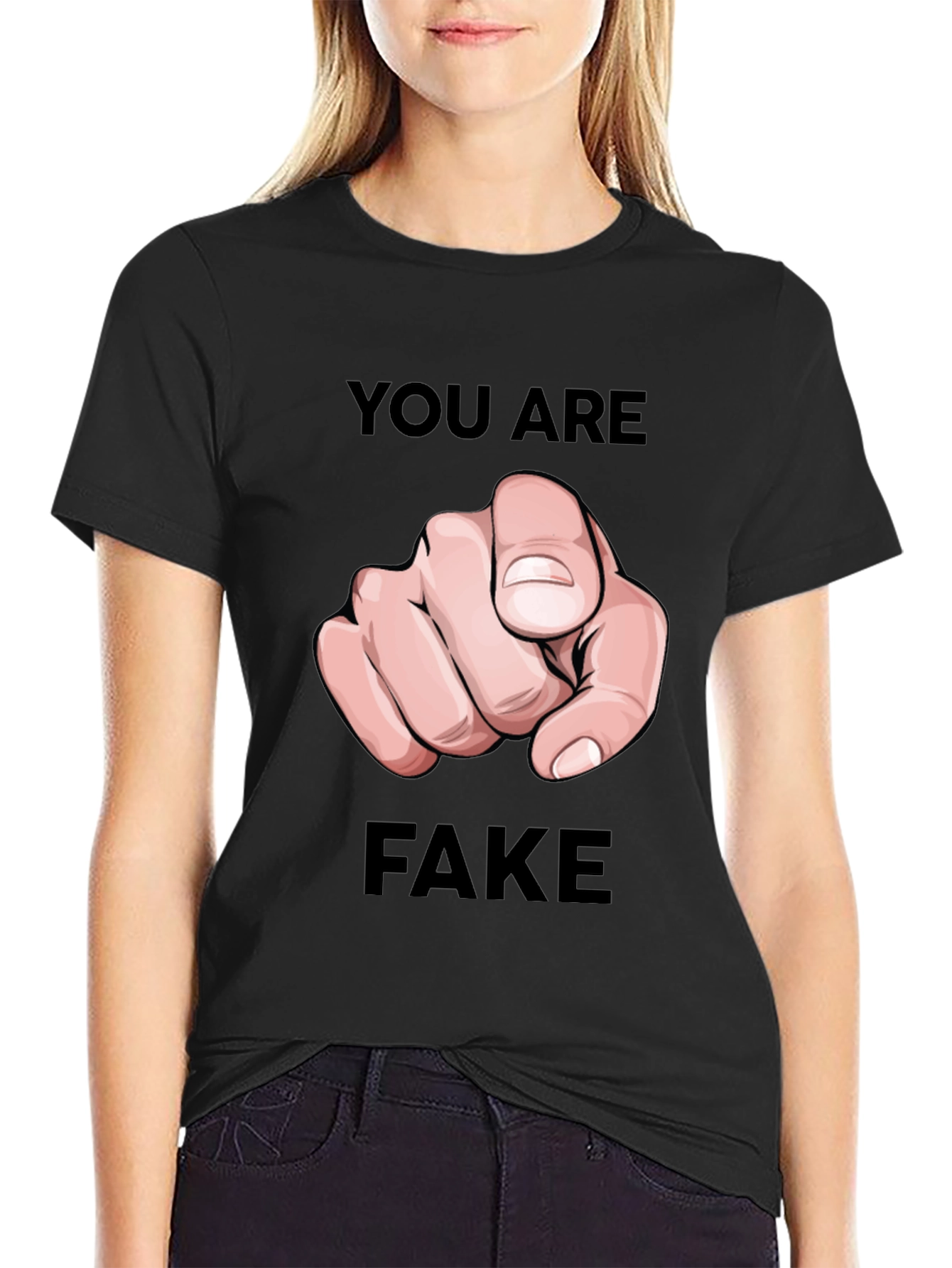 Black You Are Fake T-Shirt - Pointing Finger Design view 2