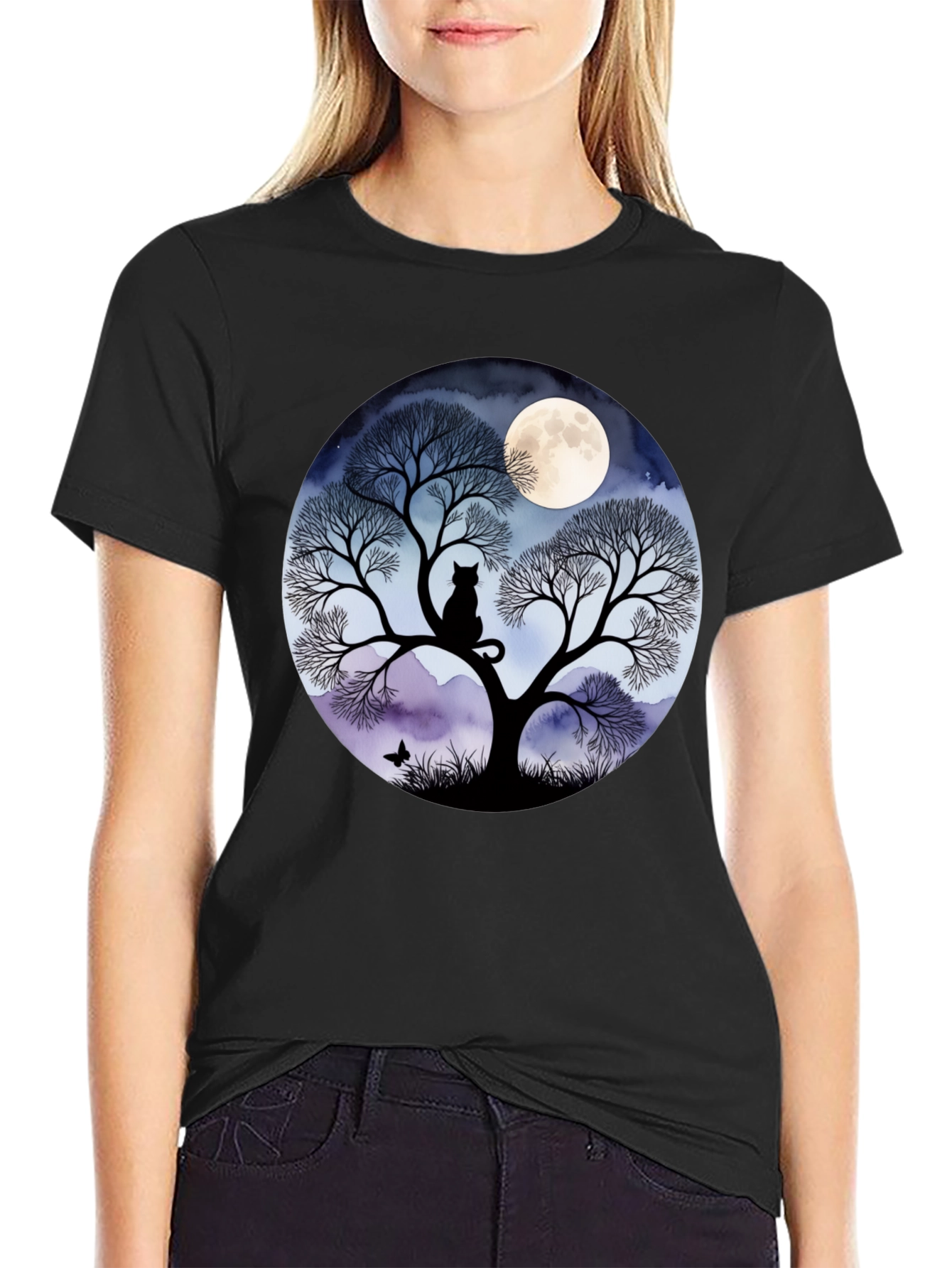 Black Moonlit Cat Tree Graphic Tee view 2