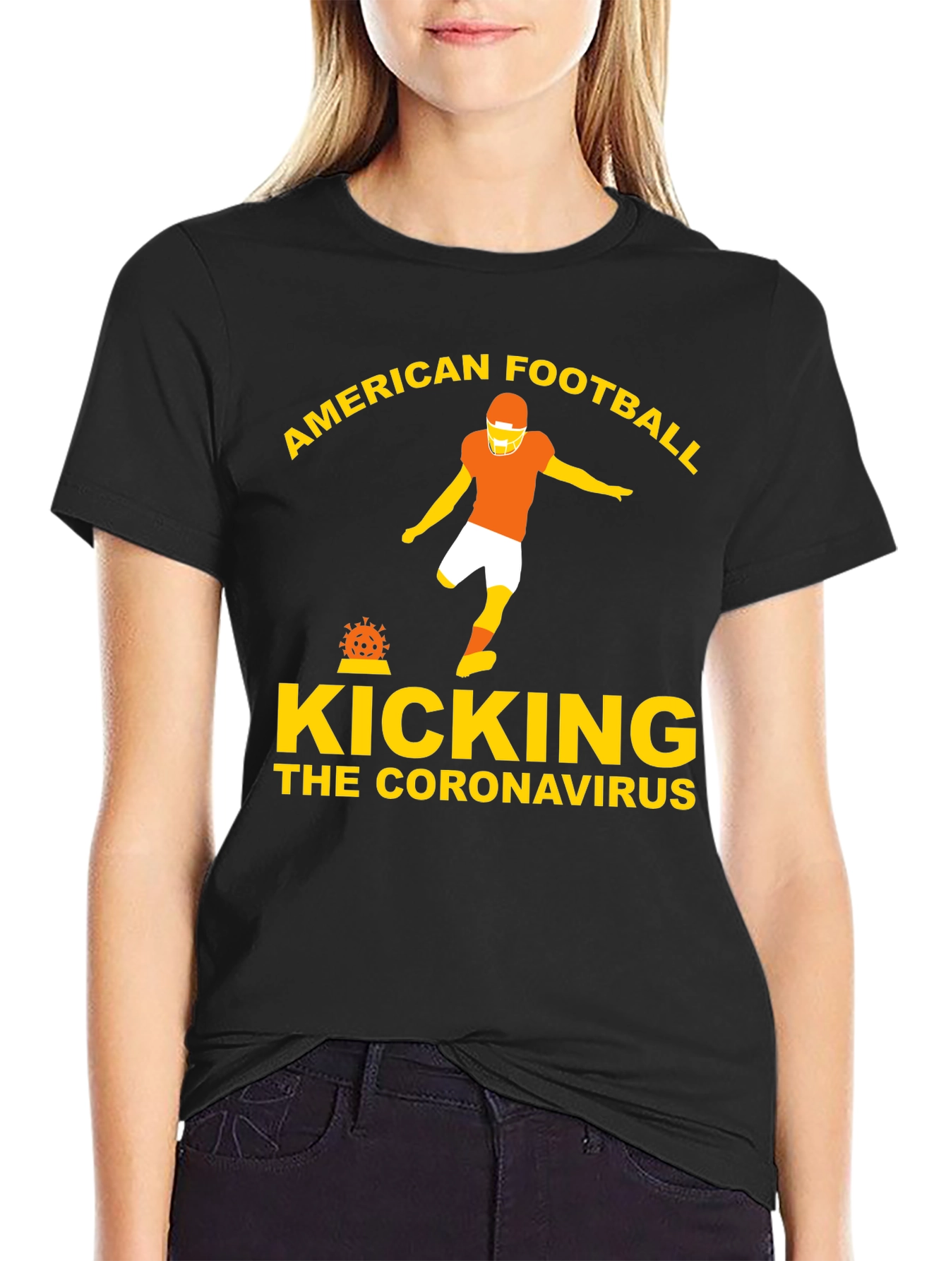 Black American Football Kicking Coronavirus Graphic Tee view 2