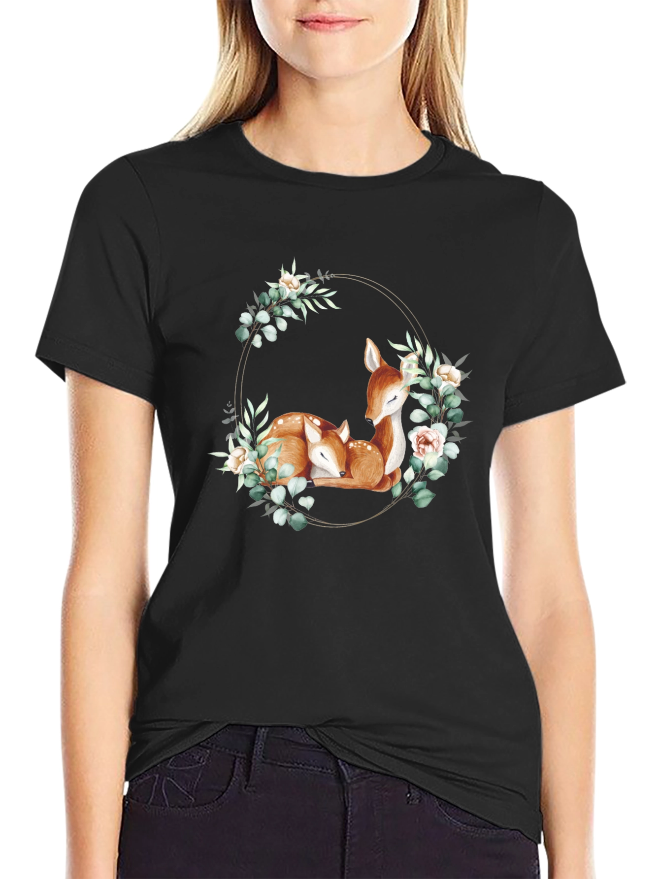Black Deer Floral Wreath Black T-Shirt view 2