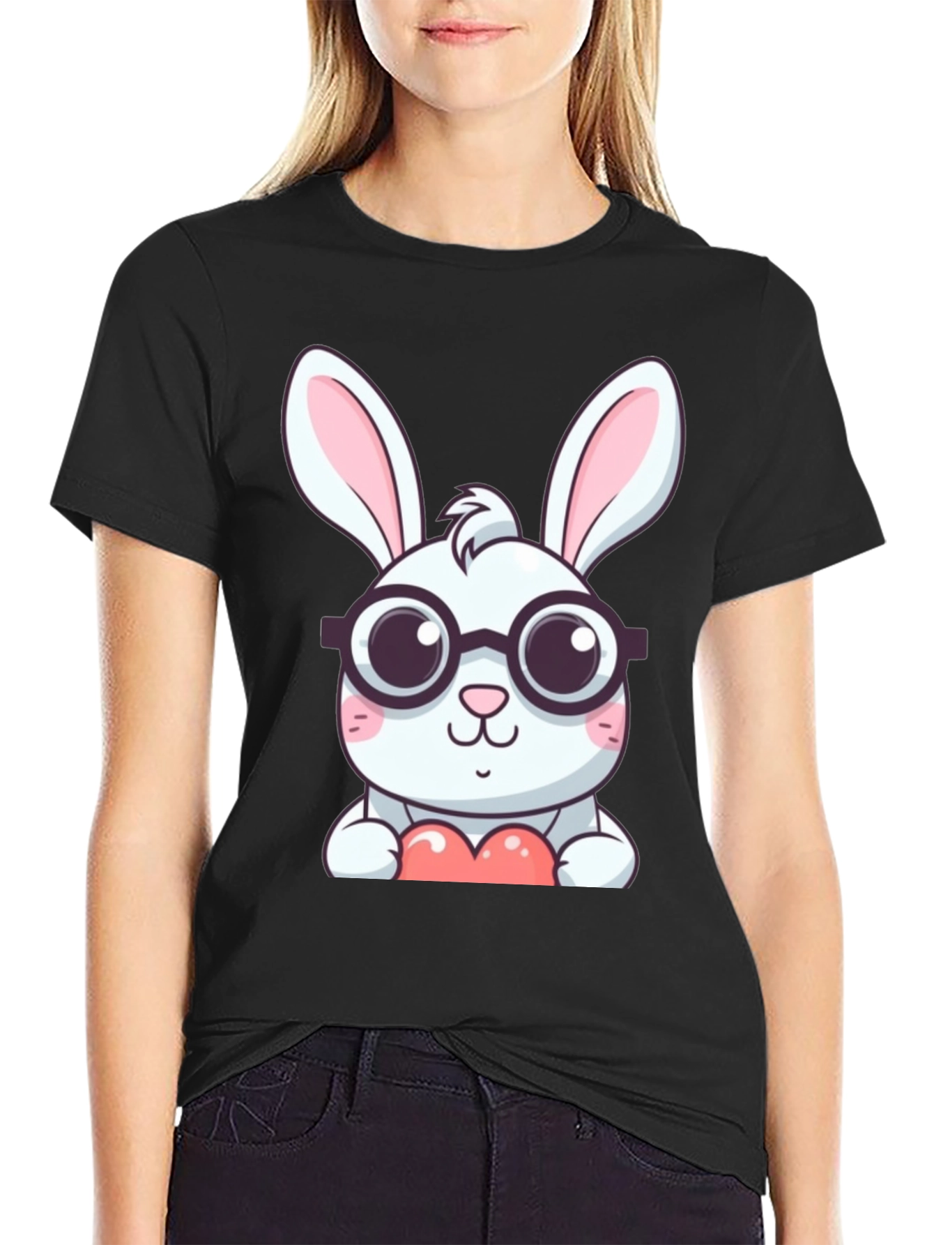Black Cute Bunny with Glasses Black T-Shirt view 2