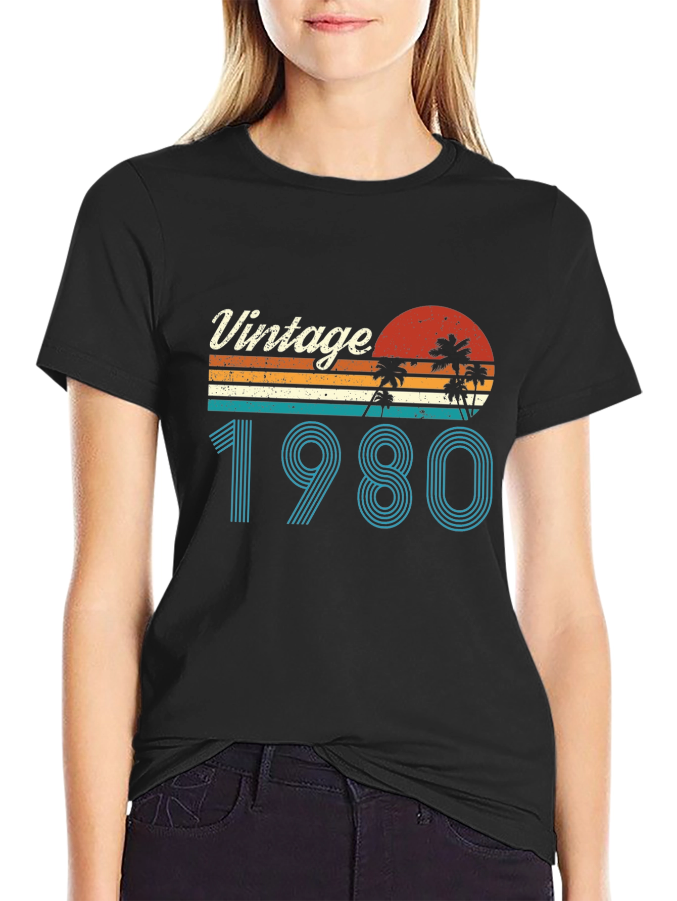 Black Vintage 1980 Graphic T-Shirt Retro Palm Tree Design view 2
