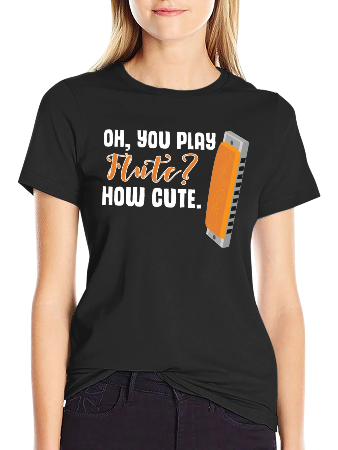 Black Funny Harmonica T-Shirt: Oh, You Play Flute? How Cute view 2