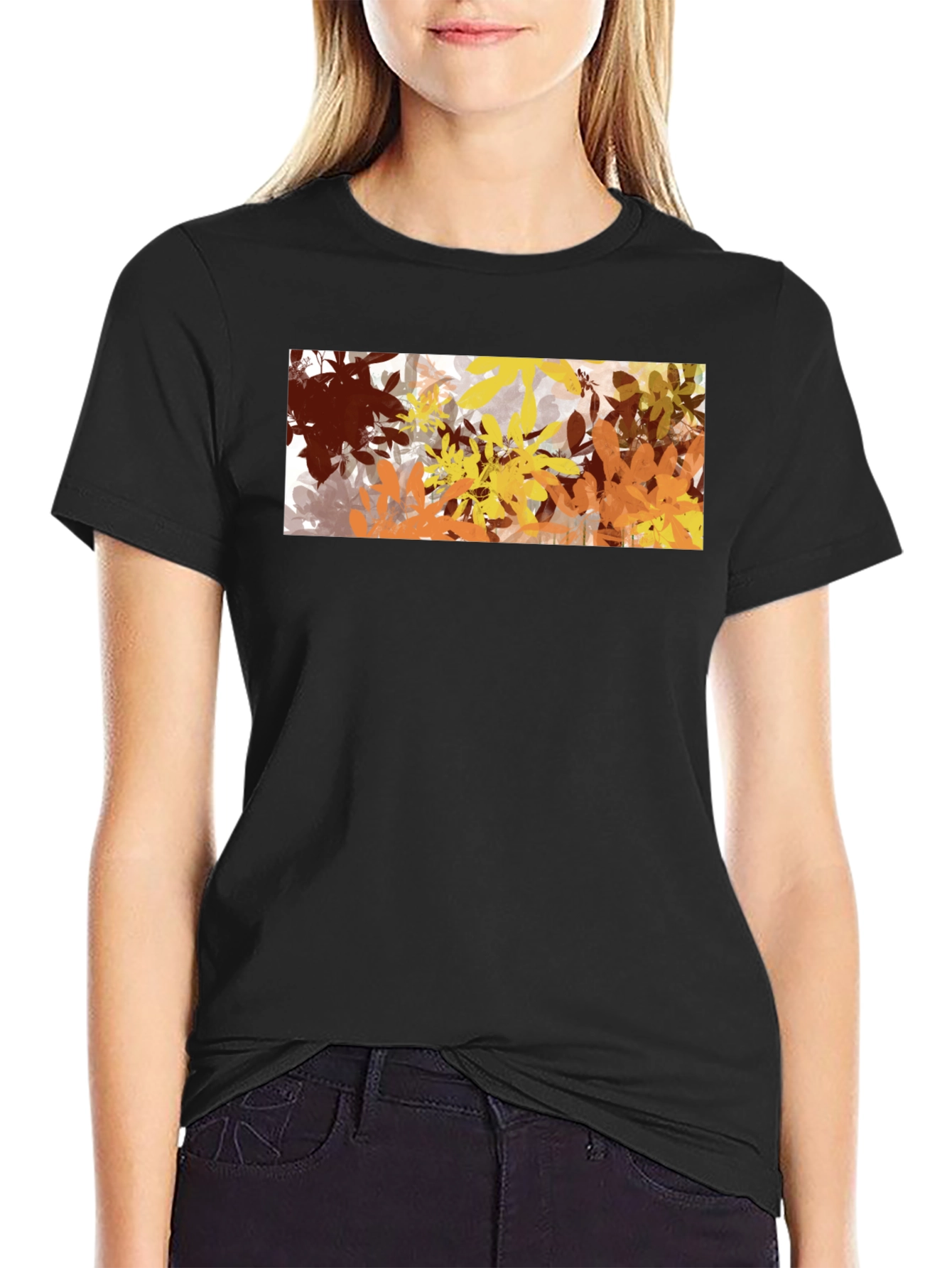 Black Abstract Autumn Leaves Graphic Black T-Shirt view 2