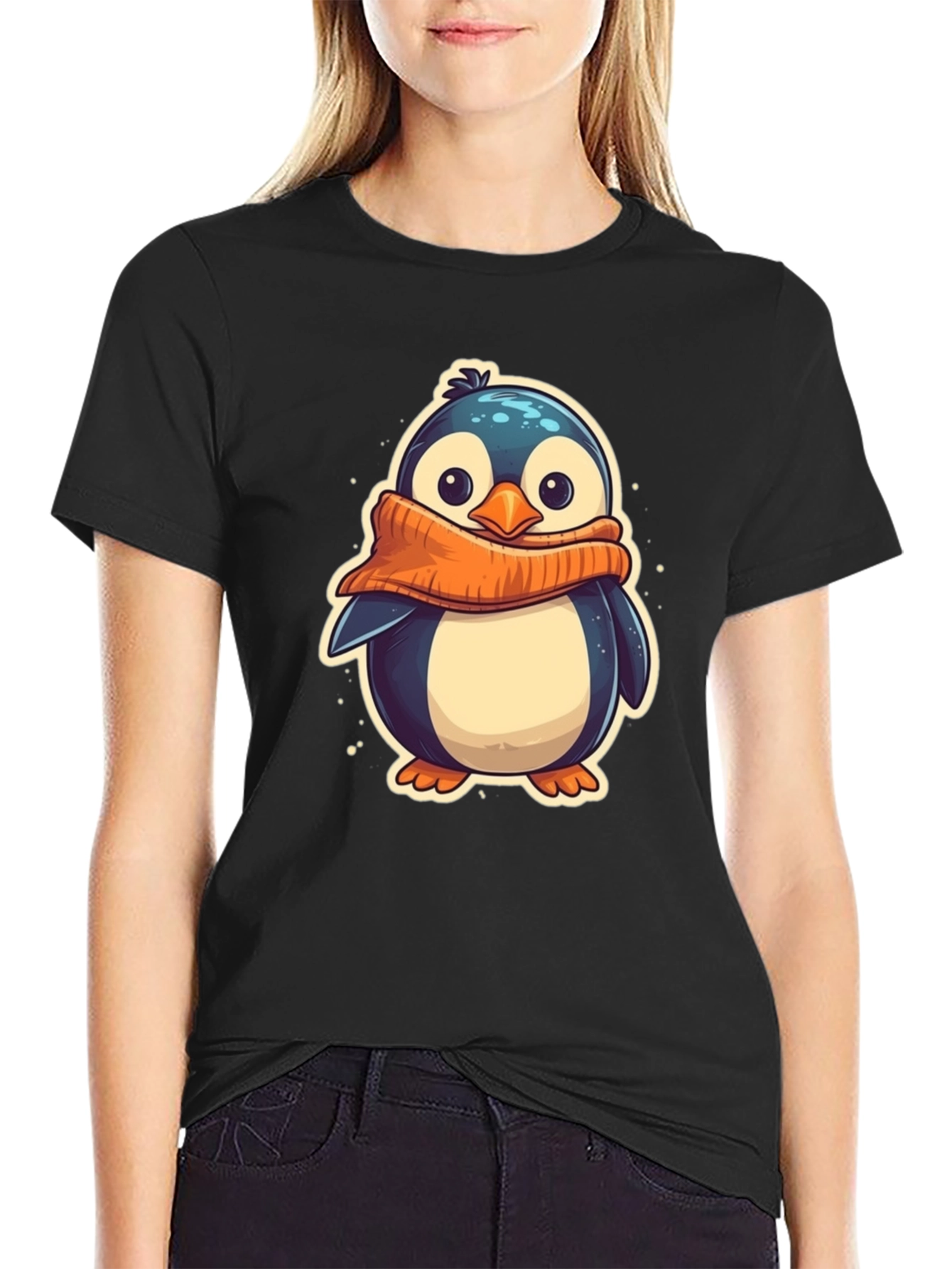 Black Cute Penguin Scarf Graphic Tee - Black Cotton T-Shirt view 2