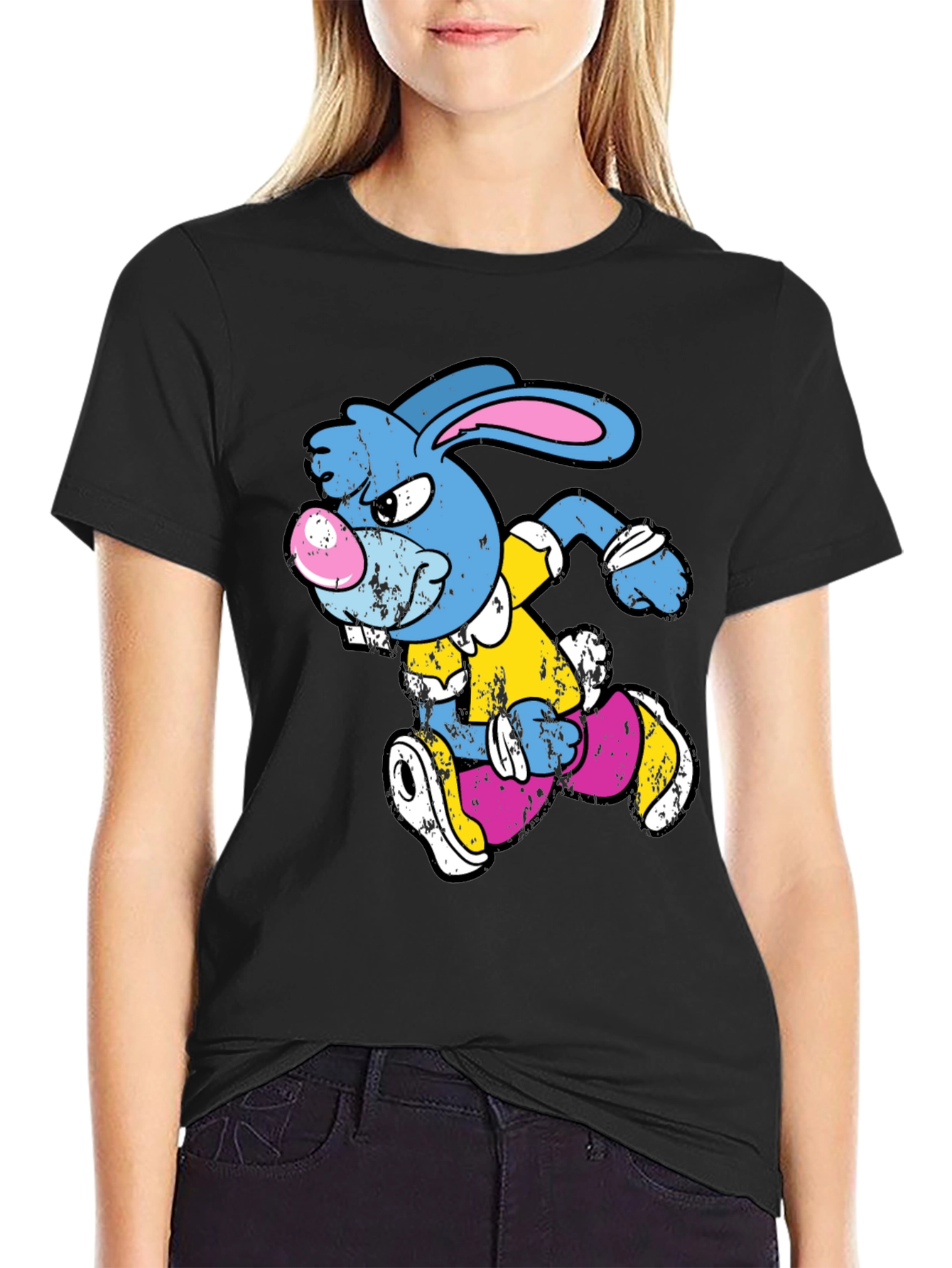 Black Running Rabbit Graphic T-Shirt - Black Cotton Tee view 2