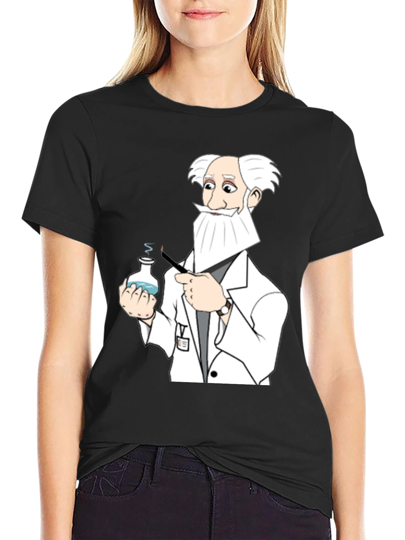 Black Mad Scientist Cartoon T-Shirt - Black Cotton Tee view 2