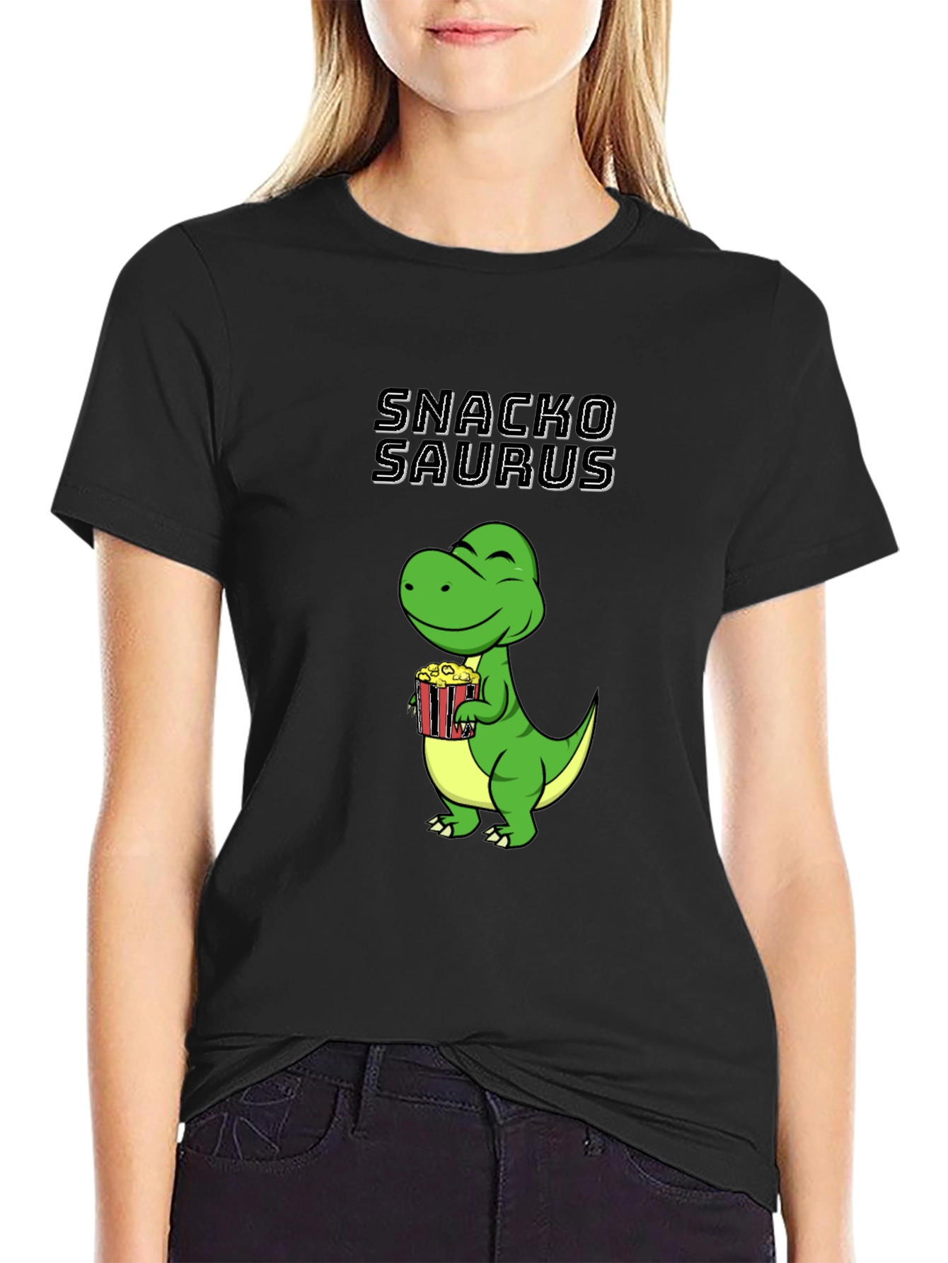 Black Snackosaurus T-Shirt - Funny Dinosaur Eating Popcorn Tee view 2