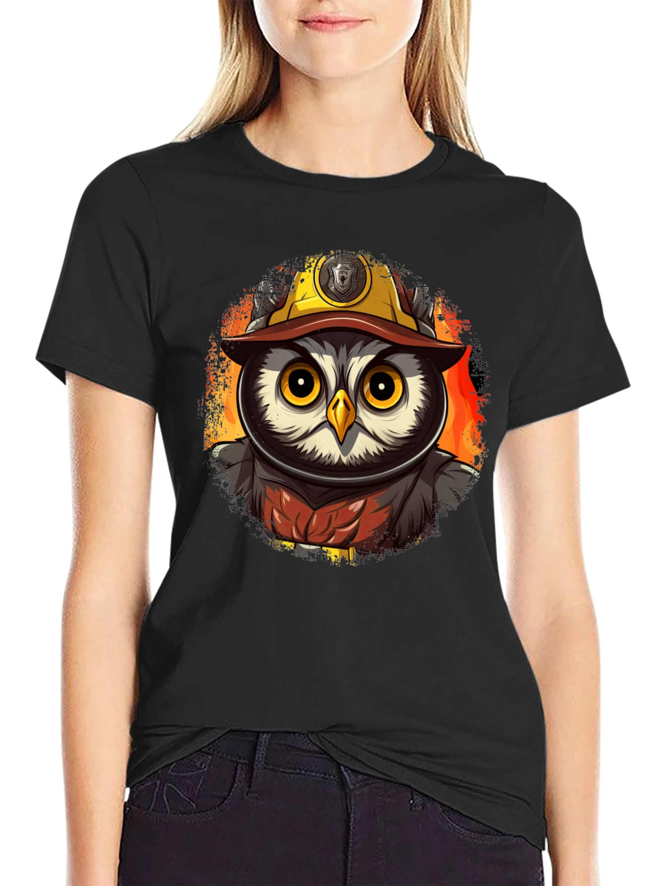 Black Owl Firefighter T-Shirt - Cartoon Design view 2