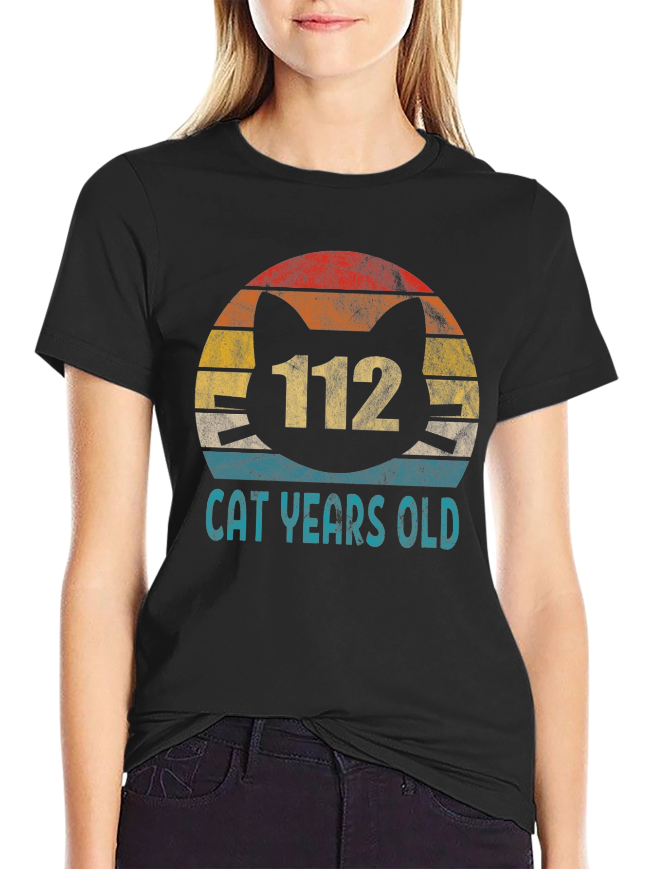 Black 112 Cat Years Old T-Shirt - Funny Vintage Retro Design view 2