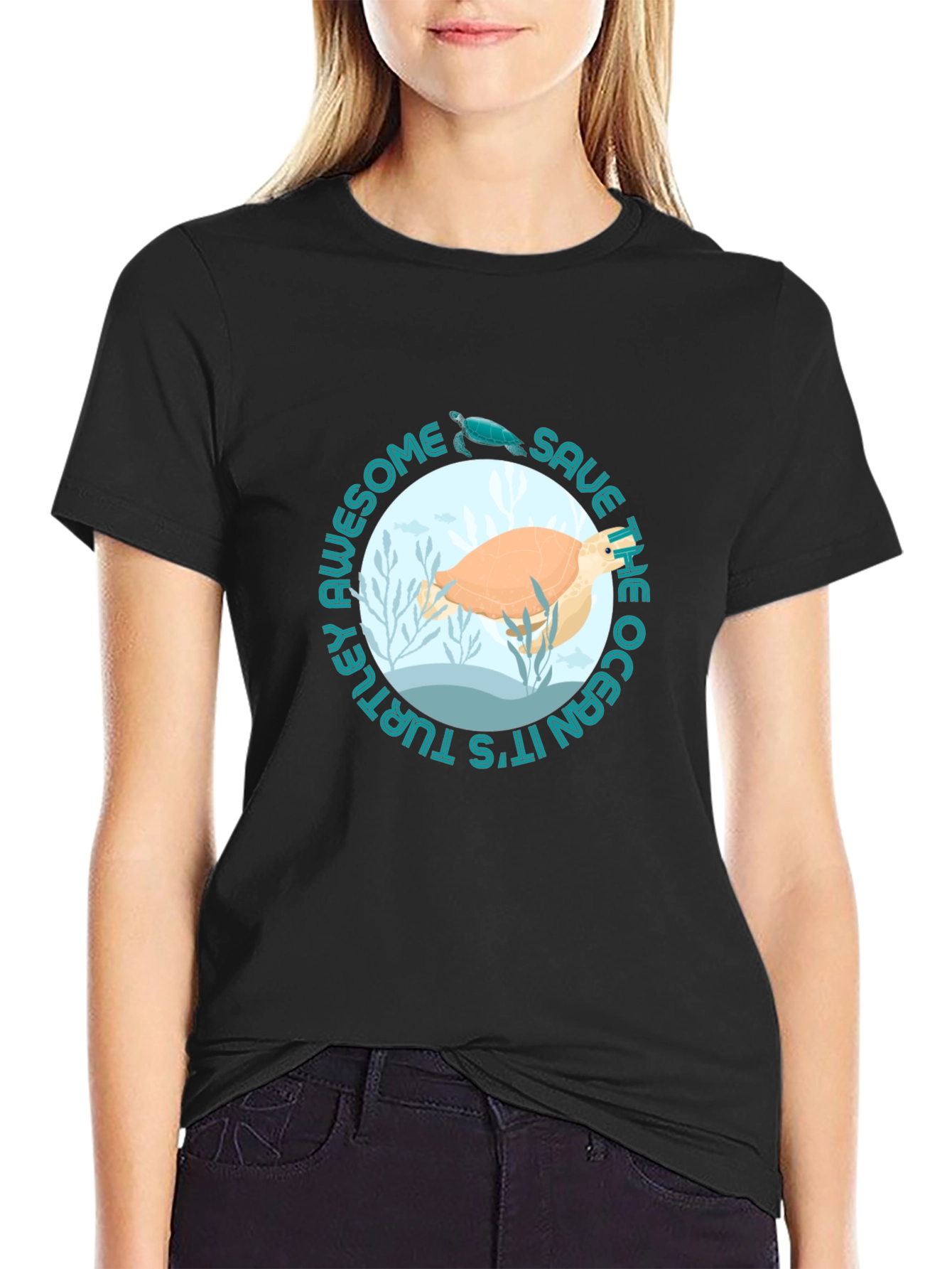 Black Save the Ocean Awesome Turtle Graphic Tee view 2