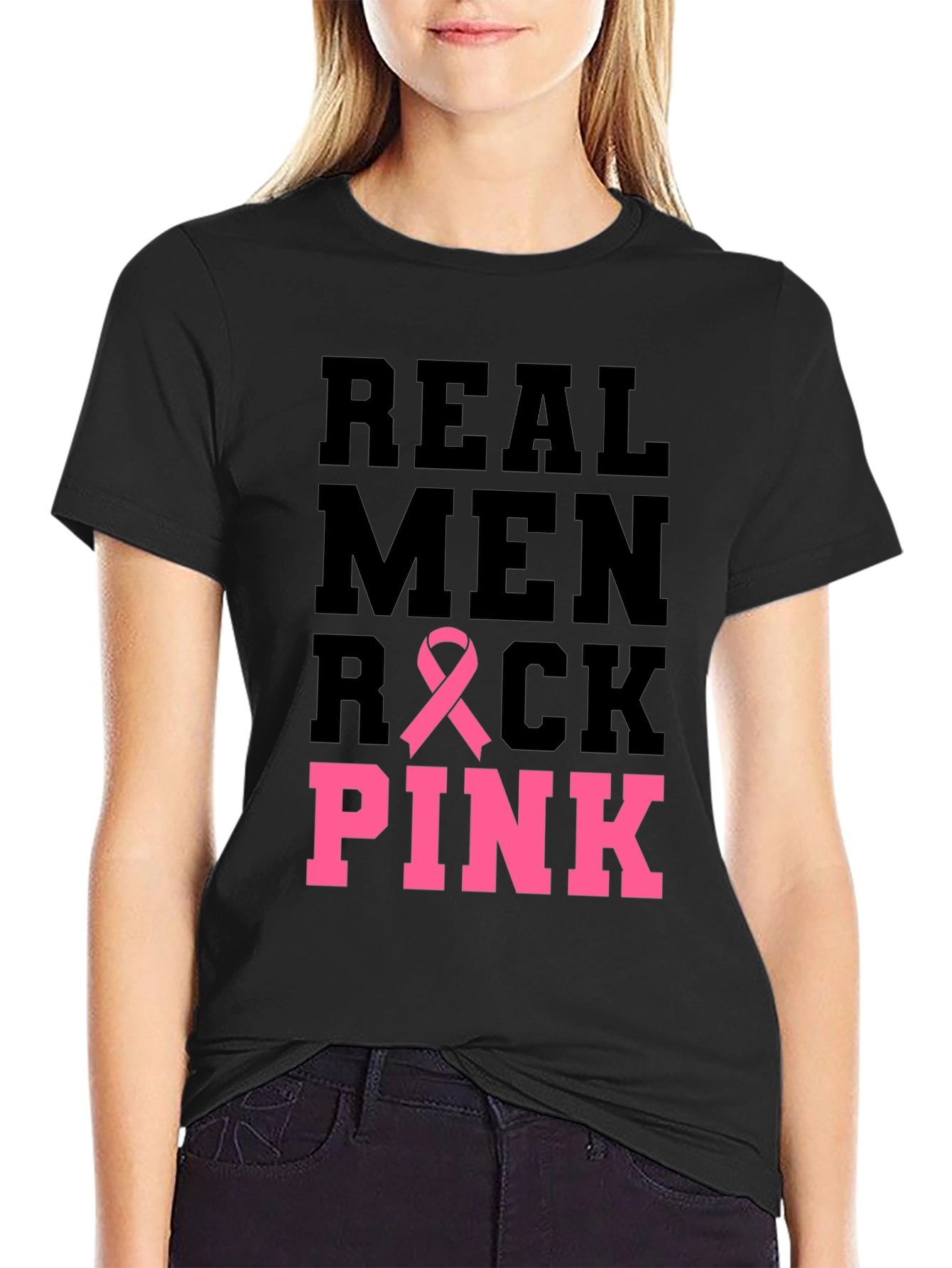 Black Real Men Rock Pink Breast Cancer Awareness T-Shirt view 2