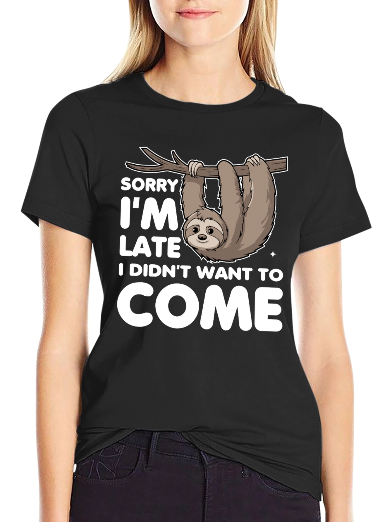 Black Funny Sloth T-Shirt - Sorry I'm Late Tee view 2
