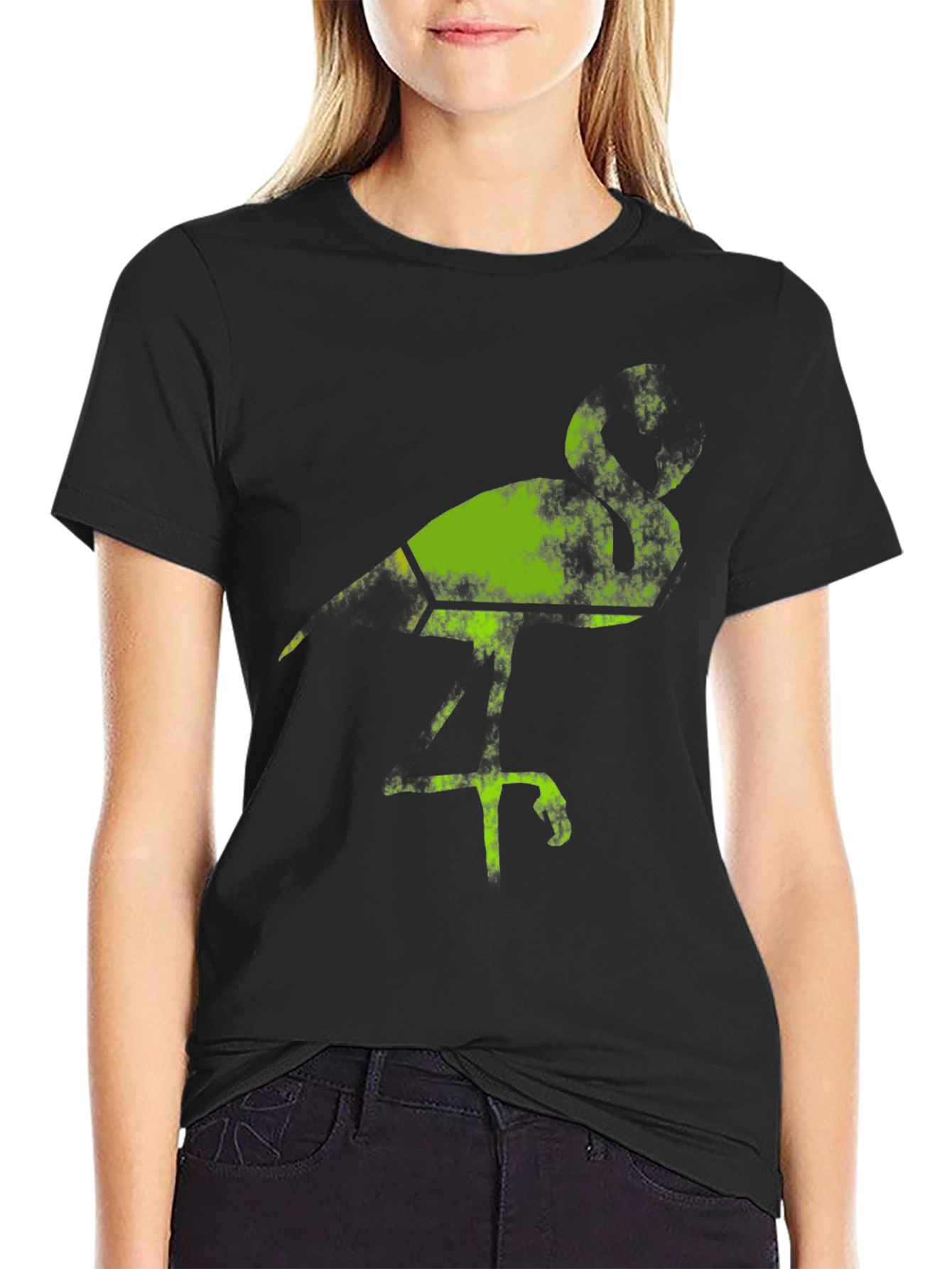 Black Green Bird Graphic Black T-Shirt view 2