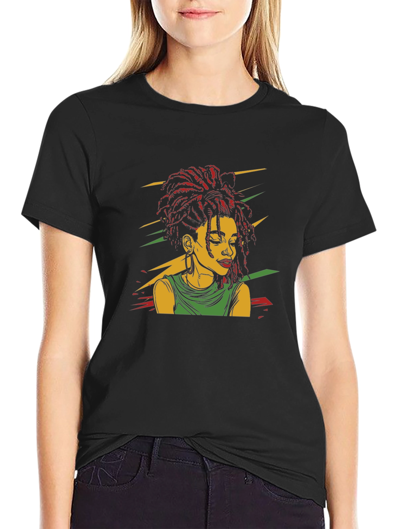 Black Rasta Woman Graphic Black T-Shirt view 2