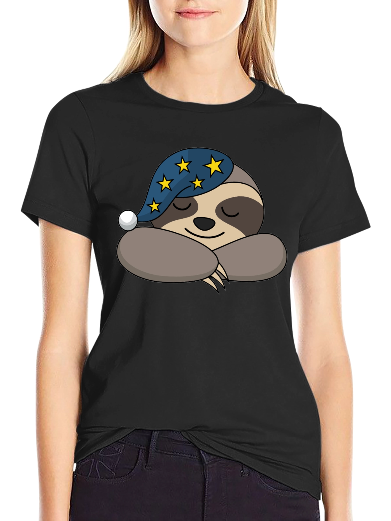 Black Sleeping Sloth T-Shirt - Starry Nightcap Cute Animal Tee view 2