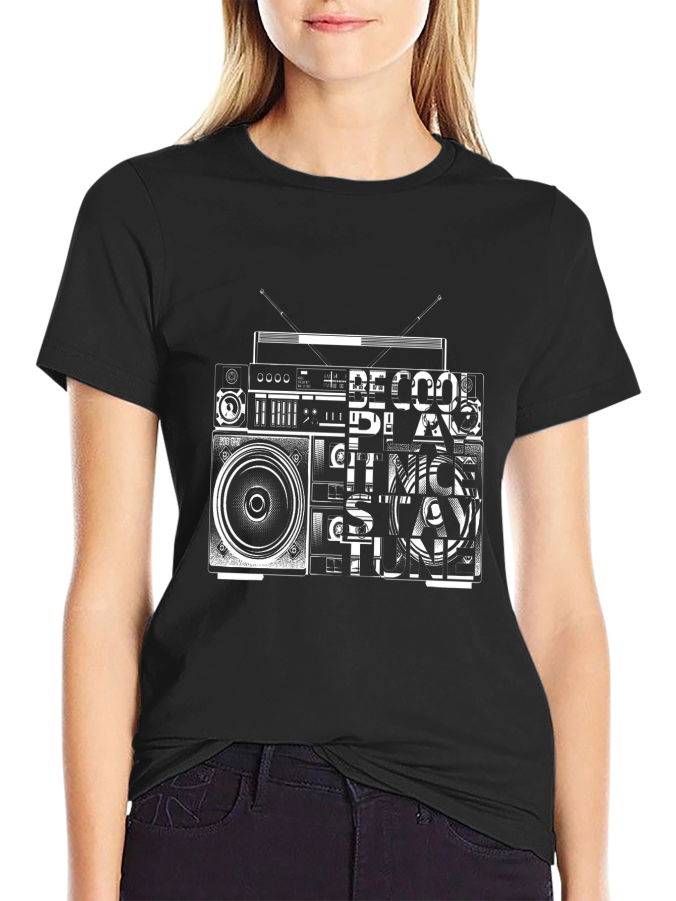 Black Retro Radio Graphic Tee - Black Cotton T-Shirt view 2