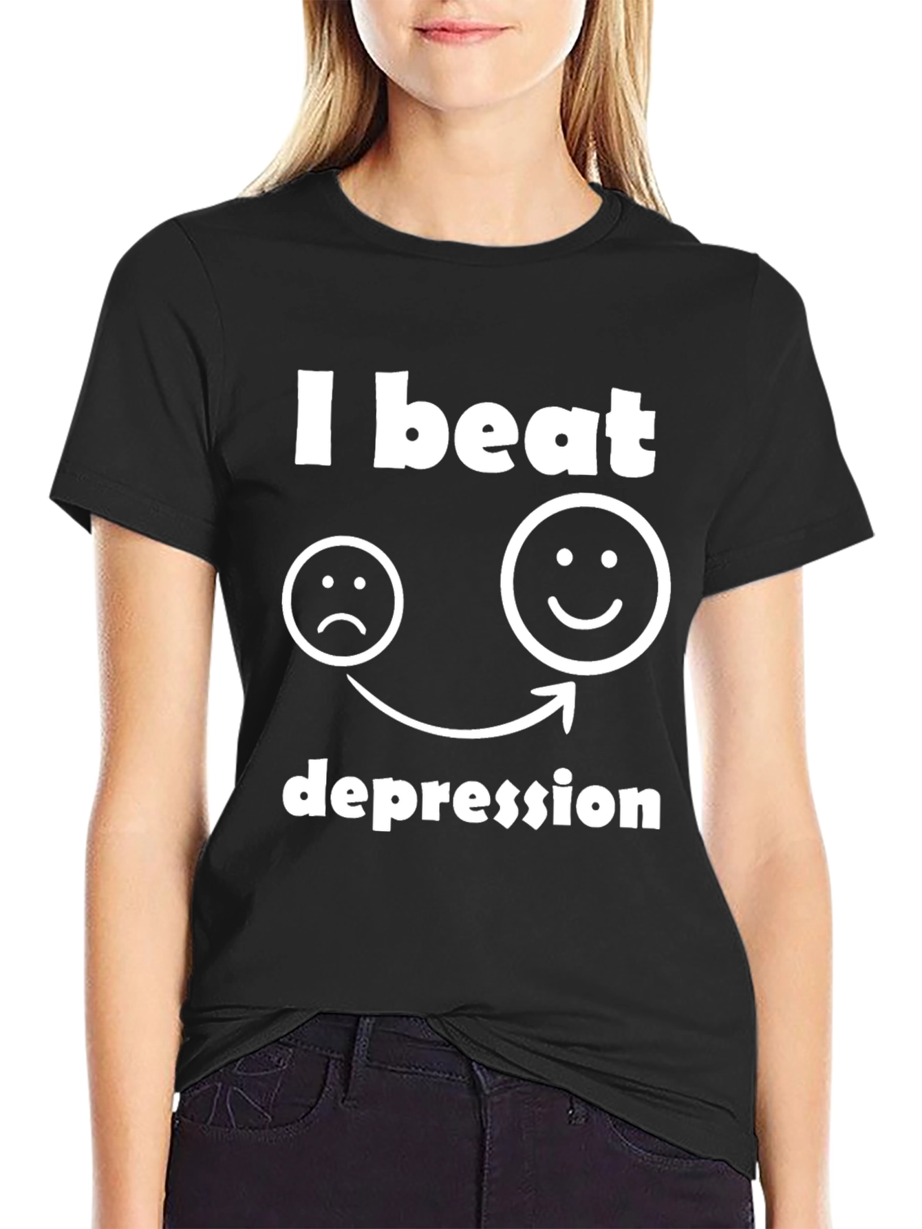 Black I Beat Depression Graphic T-Shirt view 2