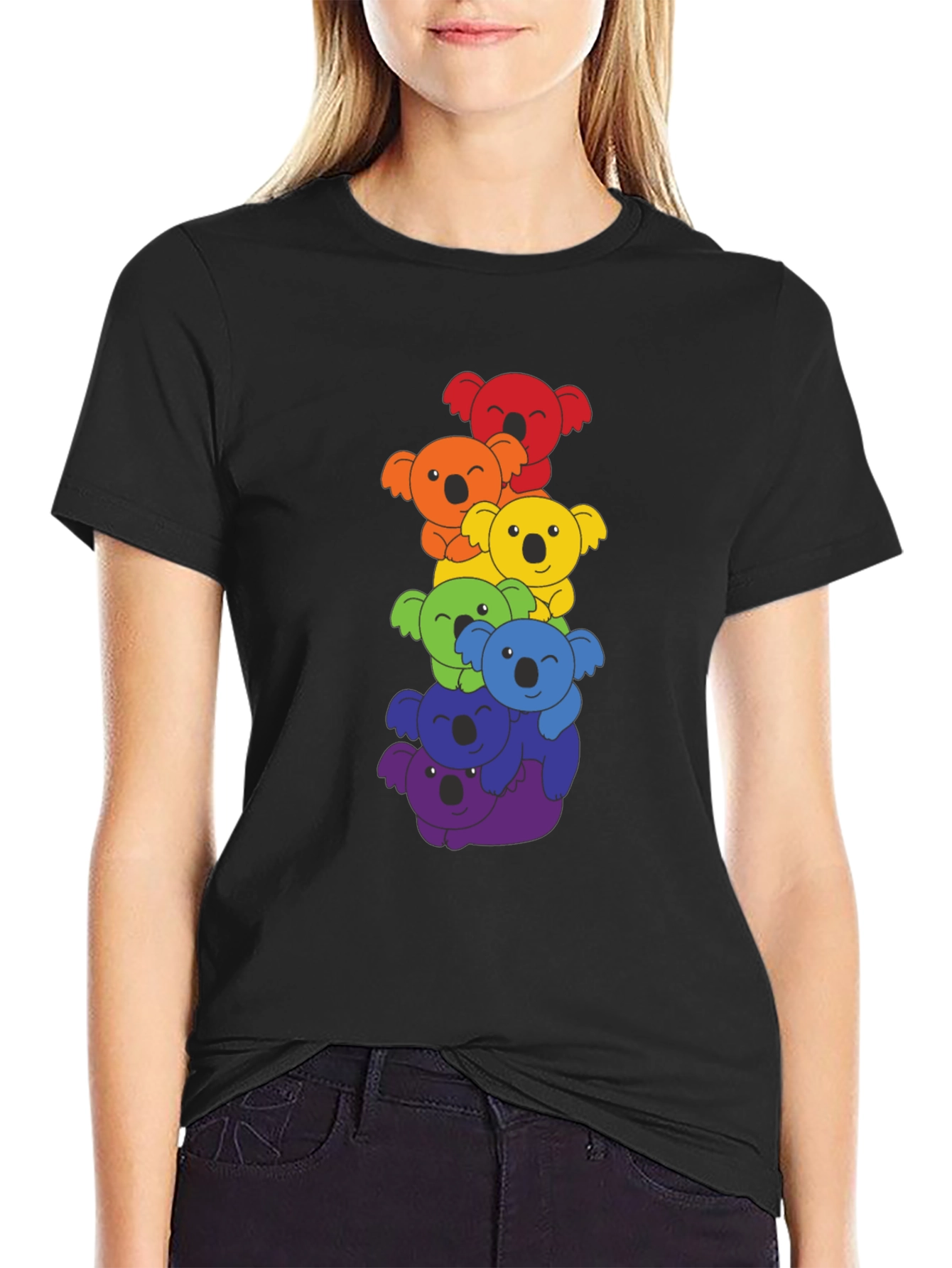 Black Rainbow Koala Stack Graphic Tee - Black Cotton Shirt view 2