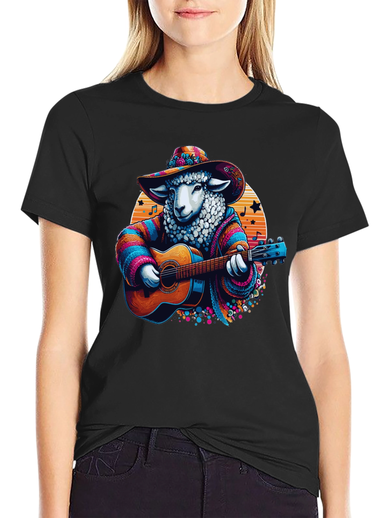 Black Musical Sheep T-Shirt: Colorful Graphic Tee view 2