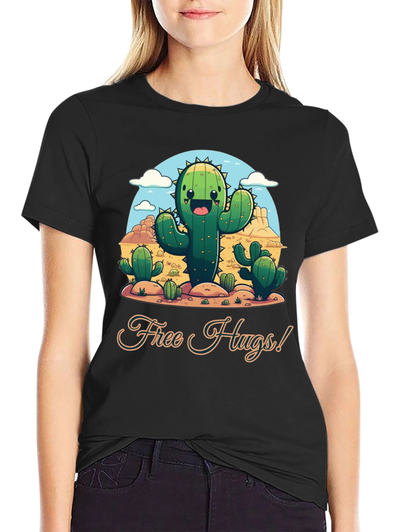 Black Free Hugs Cactus T-Shirt - Desert Fun! view 2