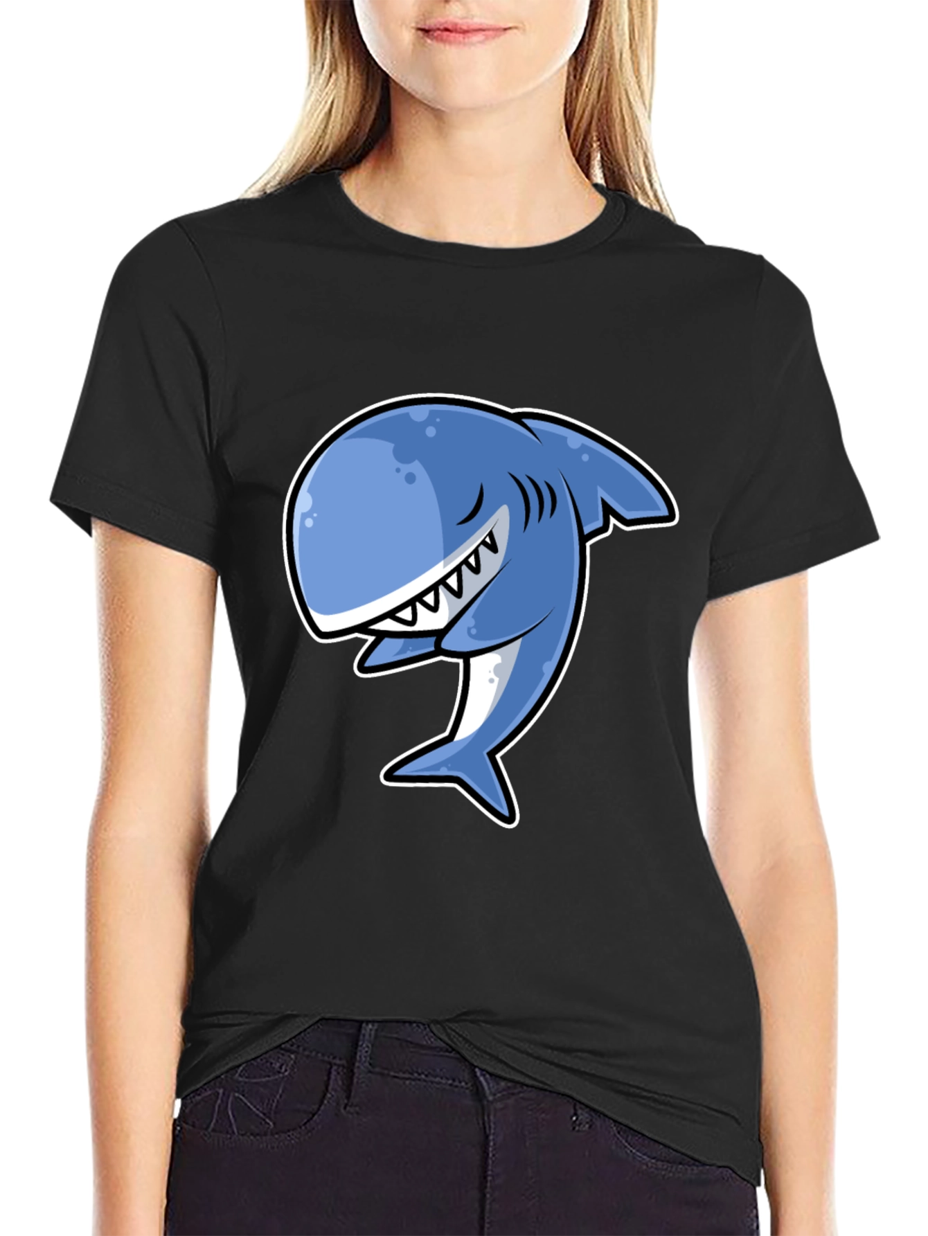 Black Cartoon Shark Graphic T-Shirt - Stylish Black Tee view 2