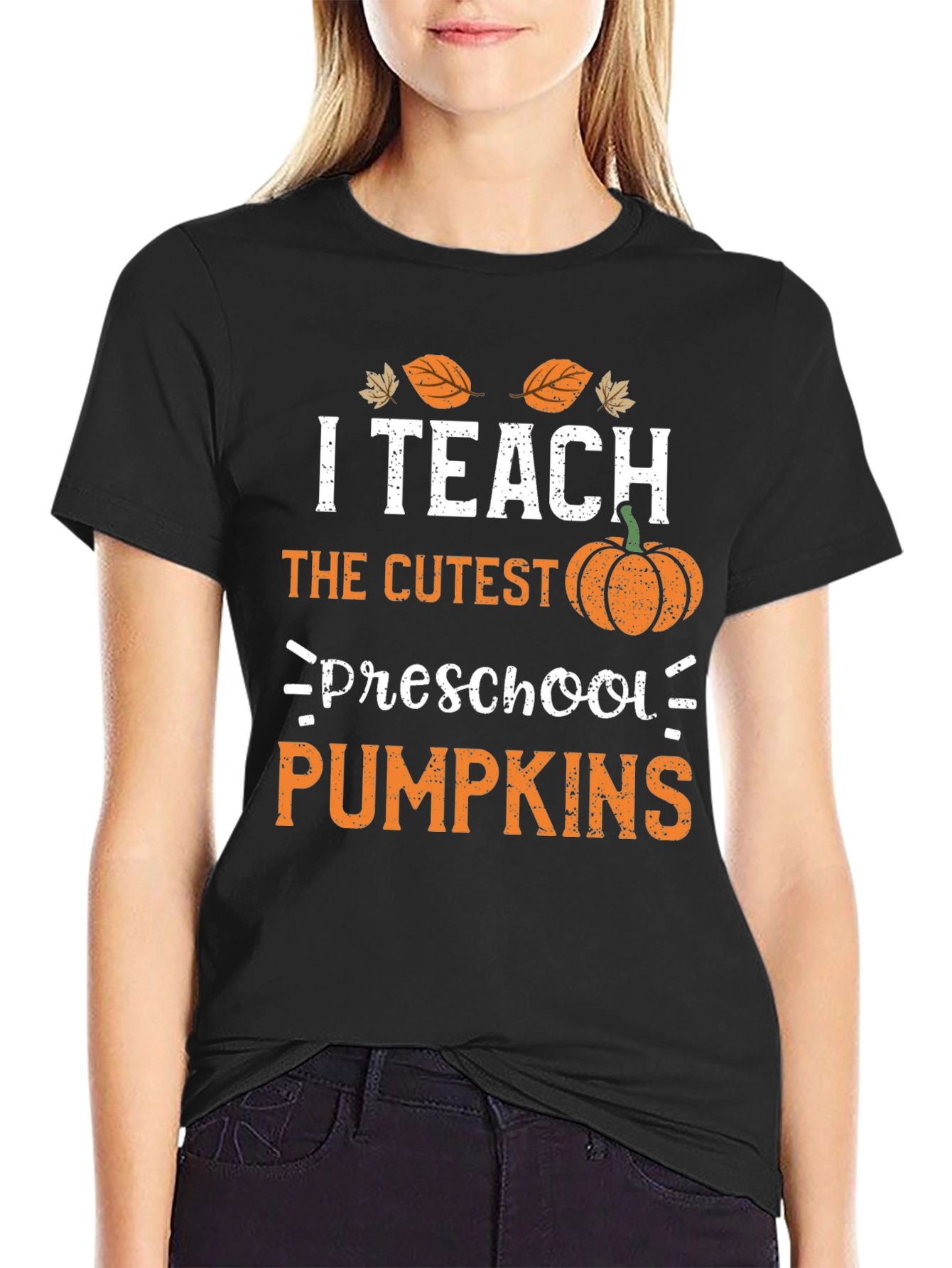 Black I Teach Preschool Pumpkins Teacher T-Shirt view 2
