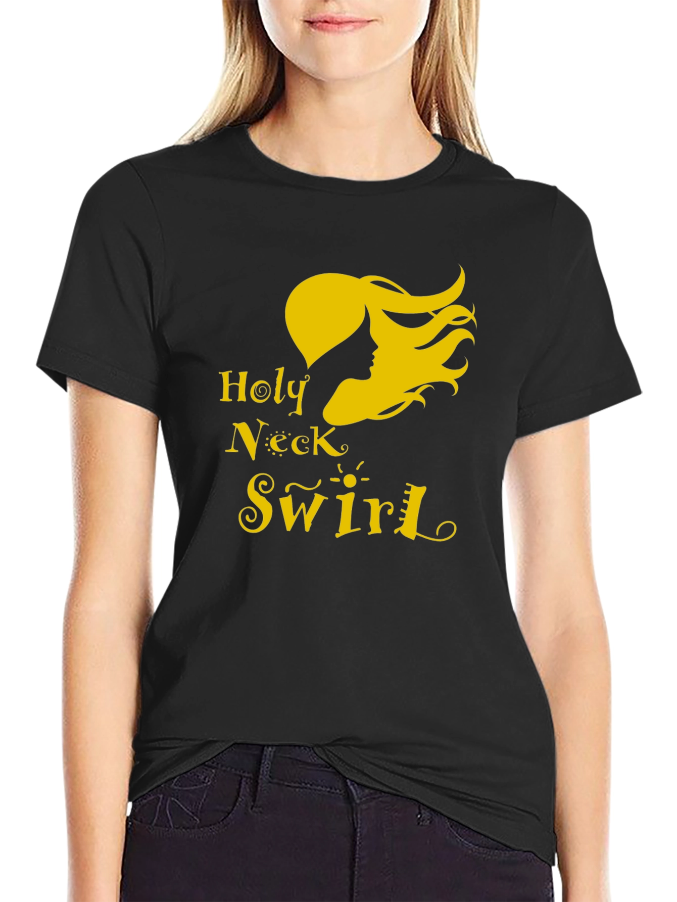 Black Holy Neck Swirl Graphic Tee - Black Cotton T-Shirt view 2