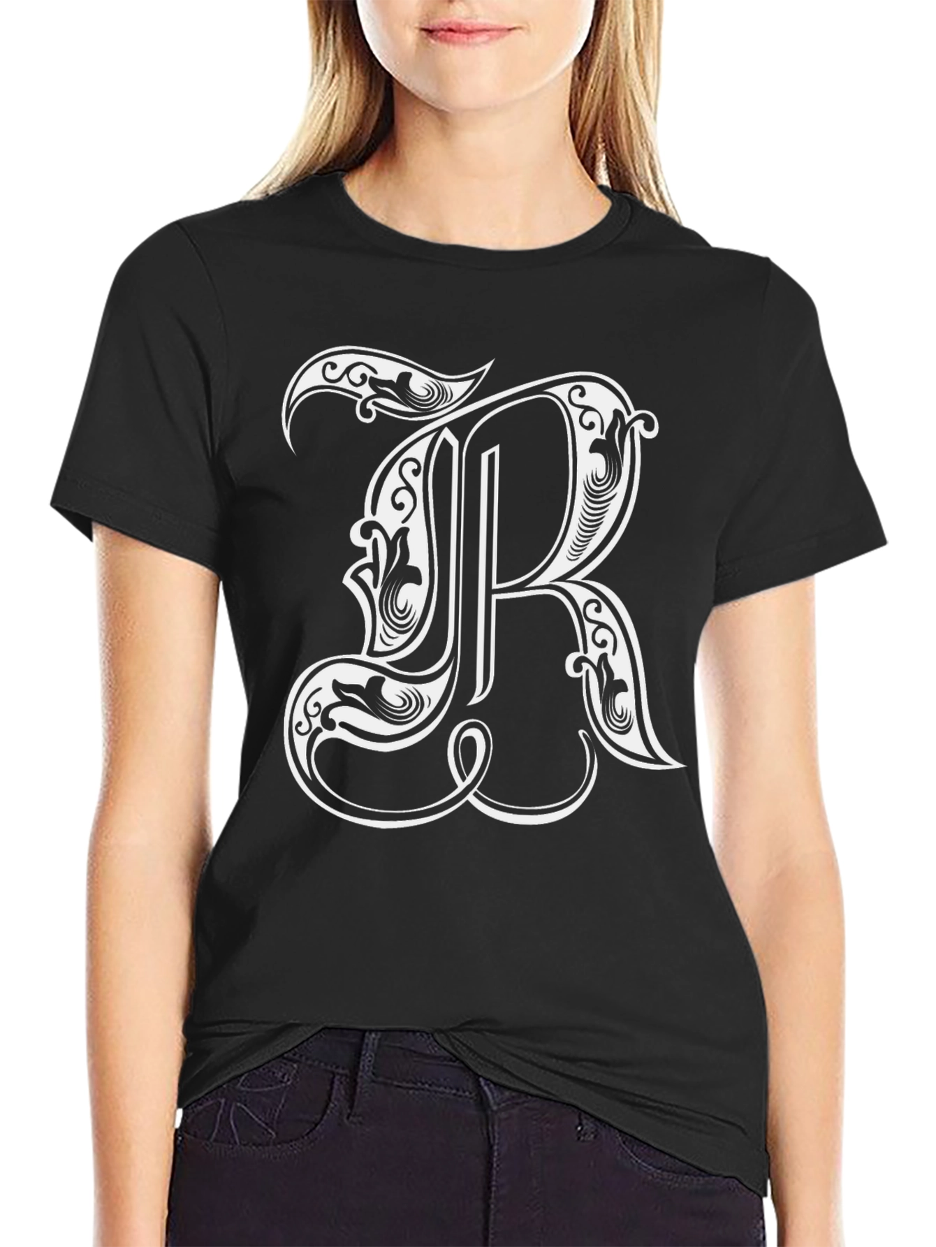 Black Ornate Initial 'R' Black Graphic T-Shirt view 2