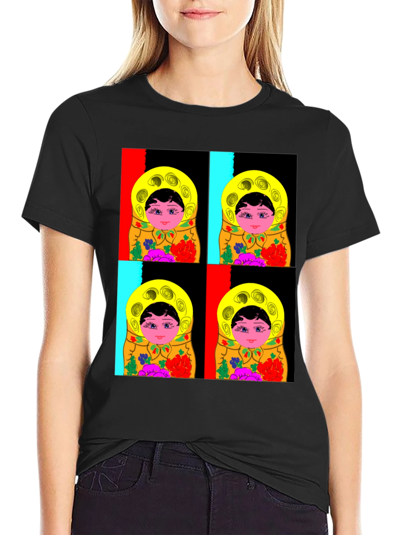 Black Matryoshka Doll Graphic T-Shirt, Black Cotton Tee view 2