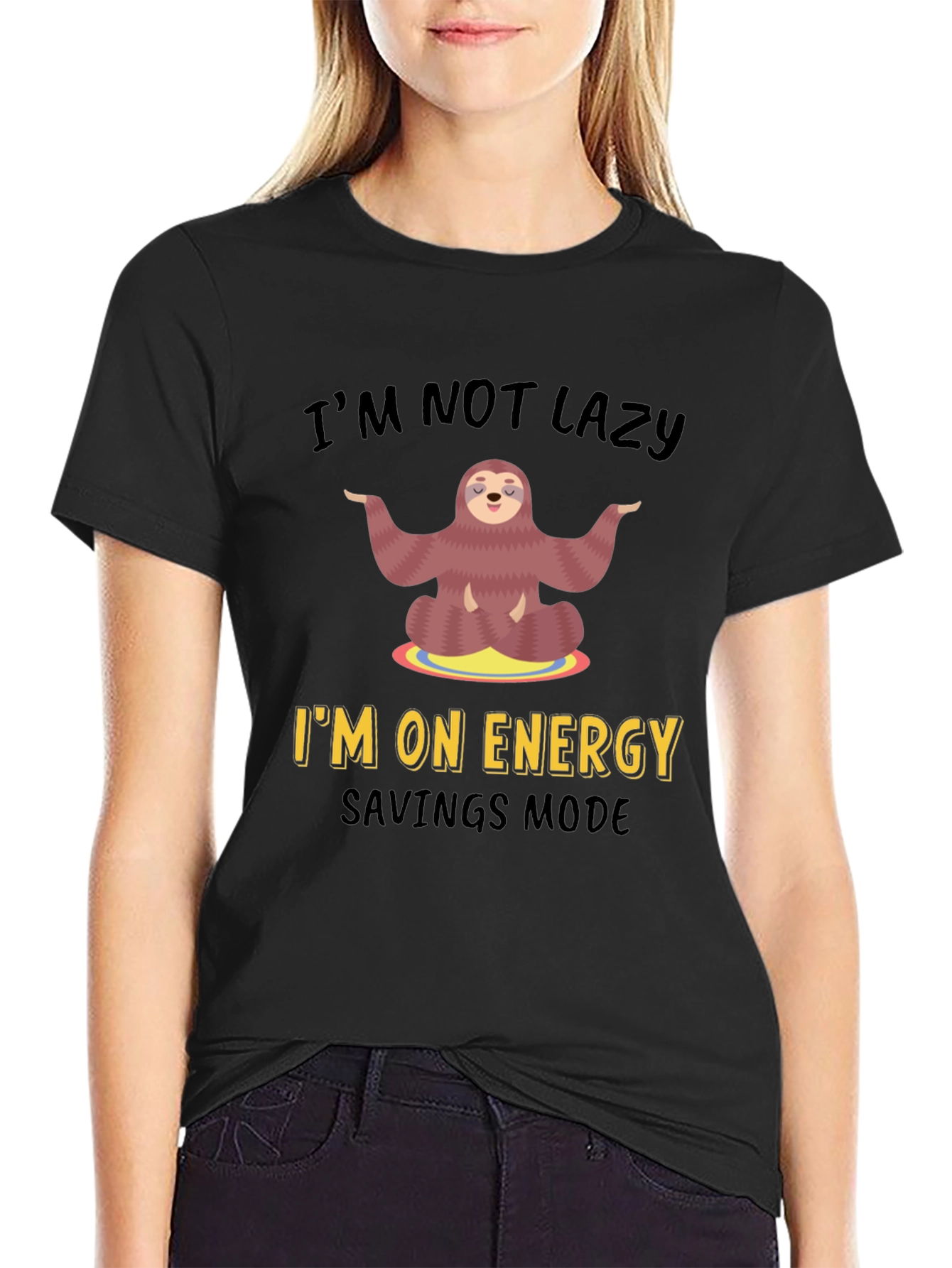 Black Lazy Sloth Energy Saving Mode Graphic T-Shirt view 2