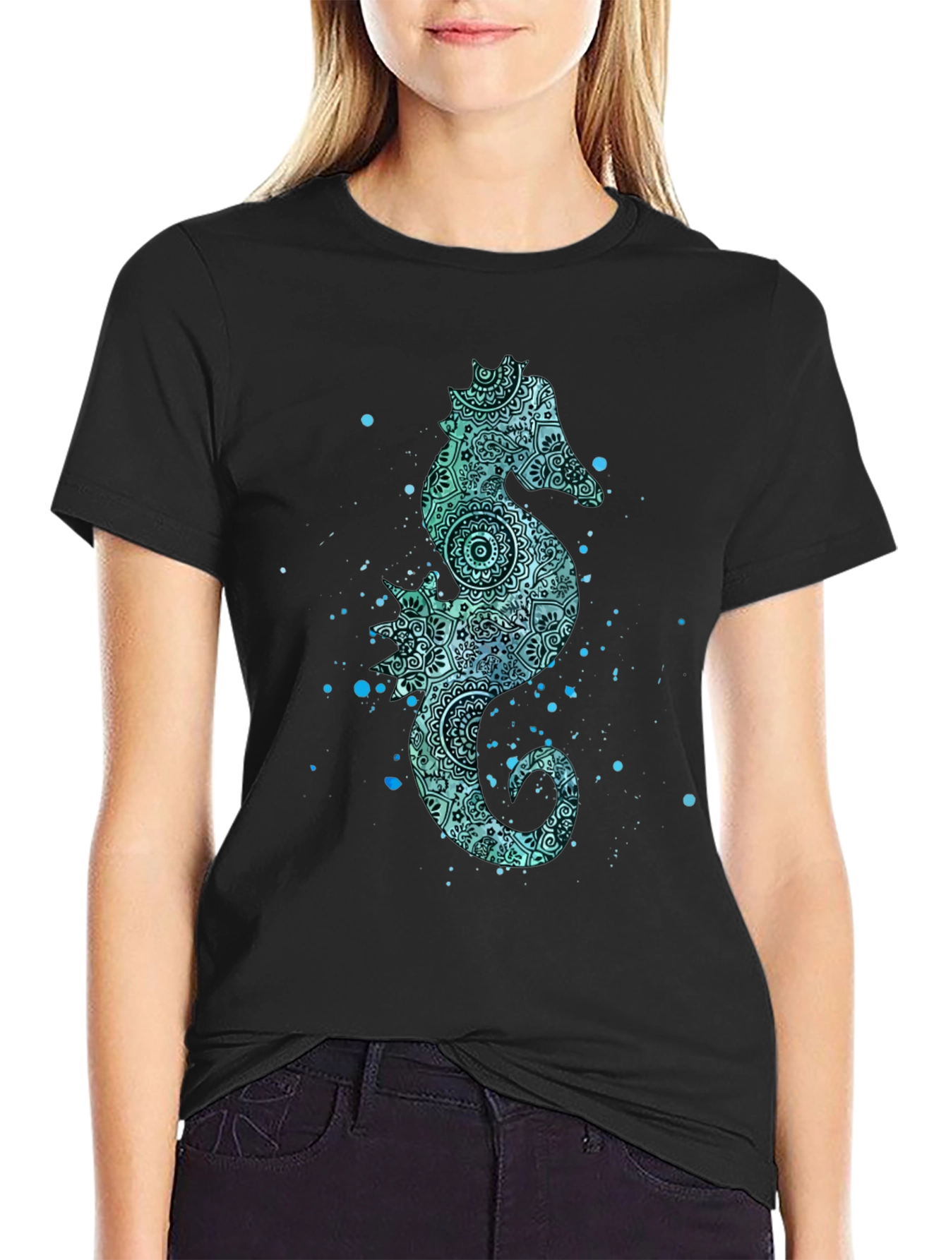 Black Seahorse Graphic Tee - Men's Black Cotton T-Shirt view 2