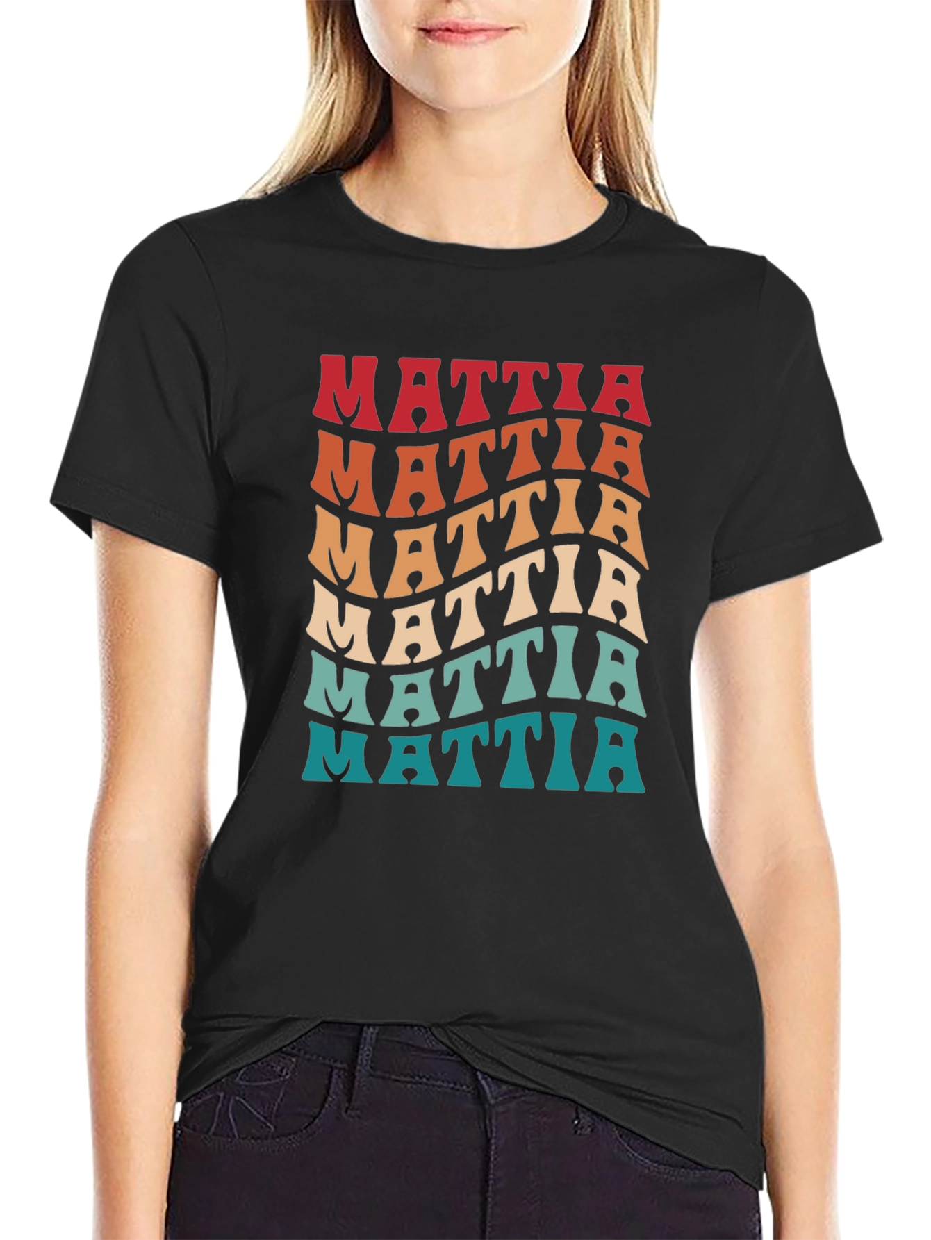 Black Retro Name Mattia Wavy Text T-Shirt view 2