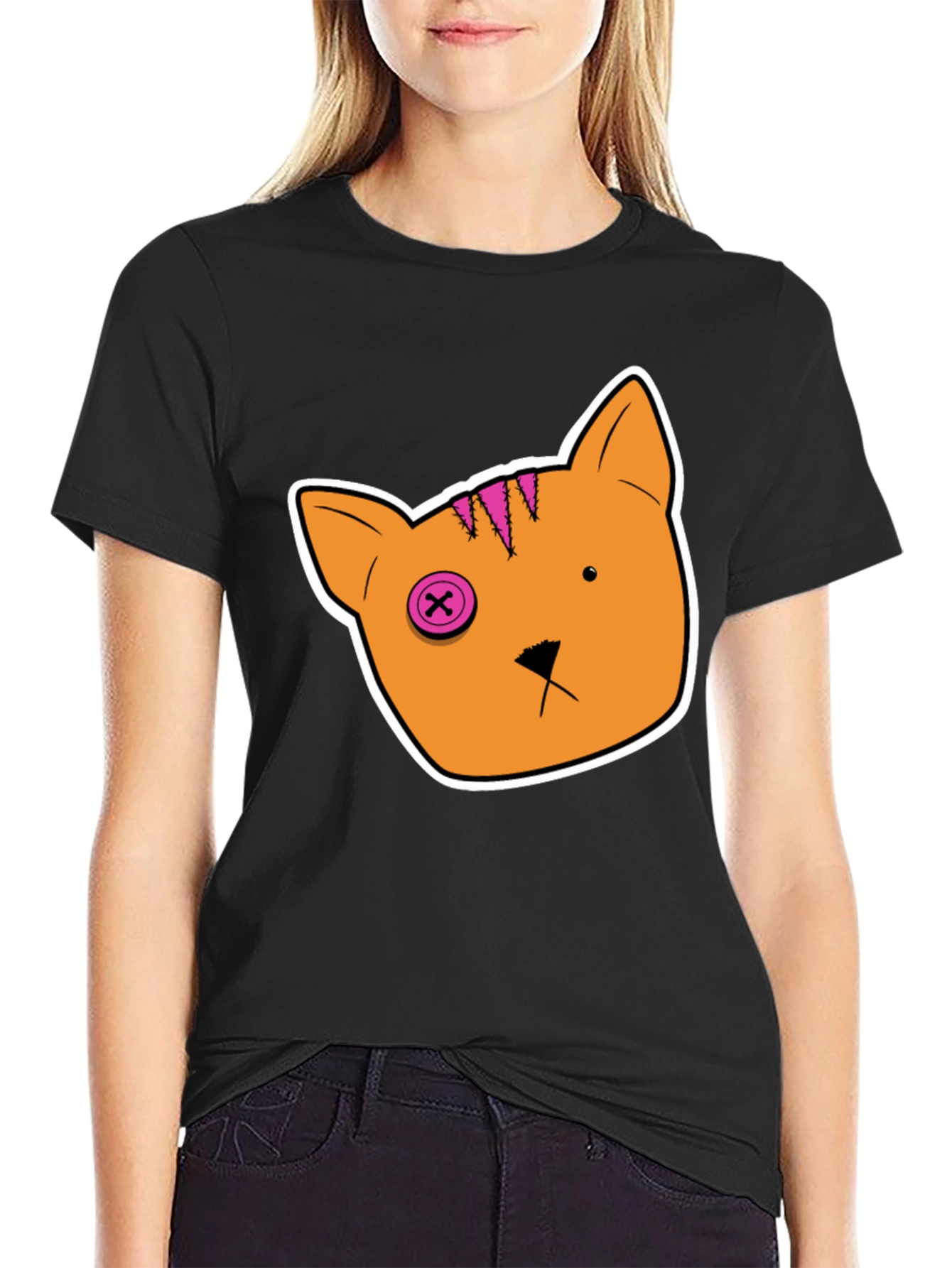 Black Cartoon Cat Tee: Black Cotton T-Shirt view 2