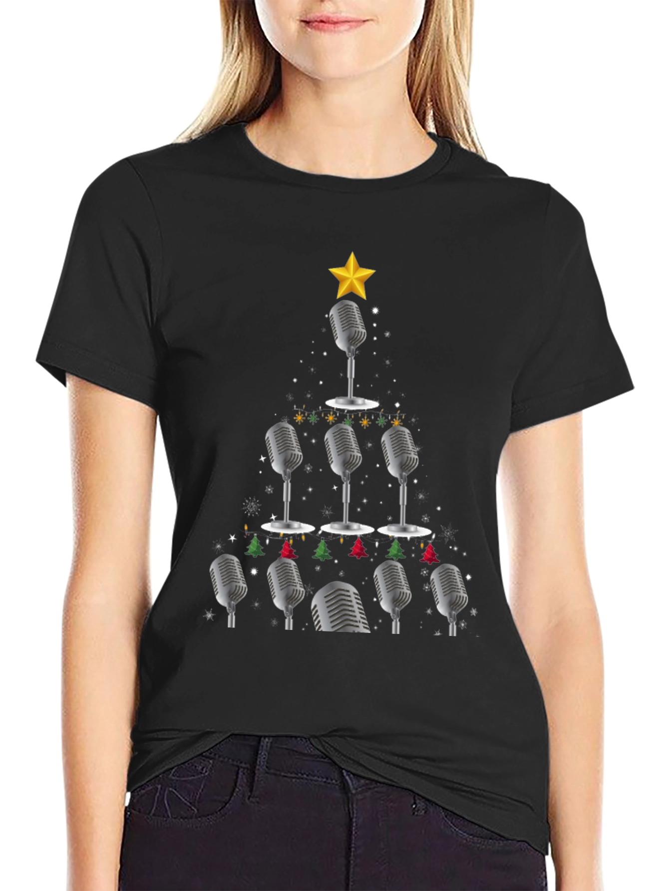 Black Microphone Christmas Tree Graphic Tee view 2