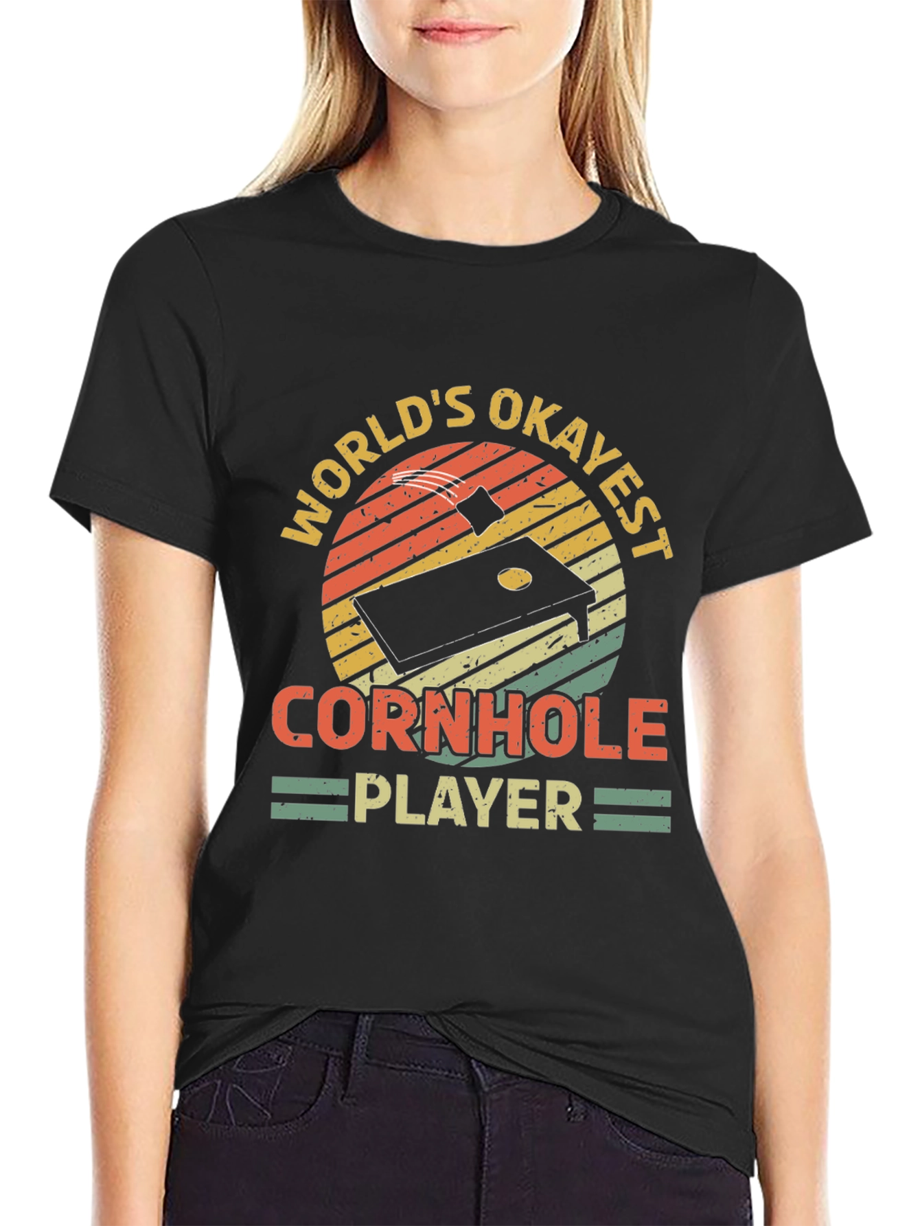 Black World's Okayest Cornhole Player Black T-Shirt view 2