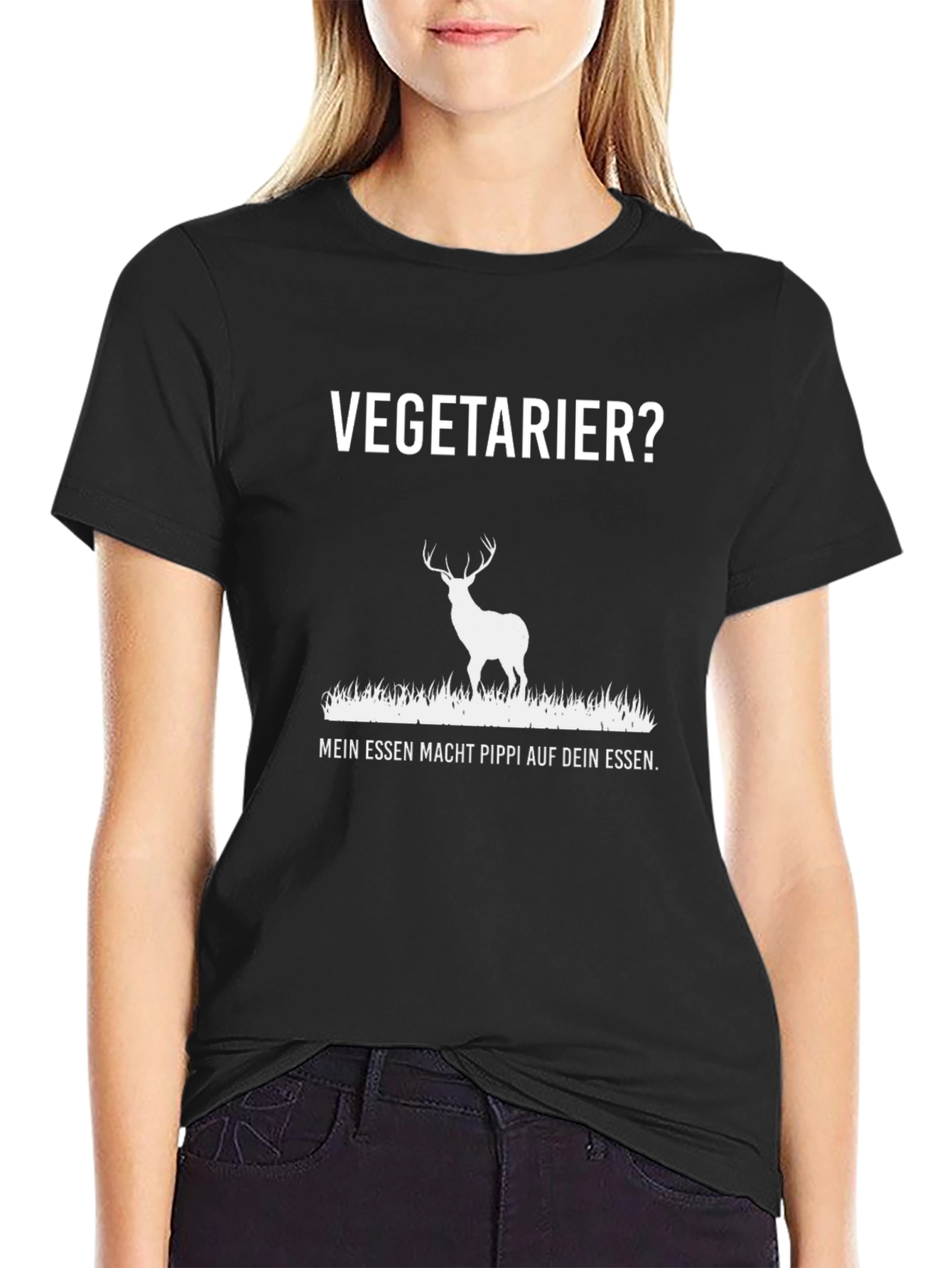 Black Vegetarier Funny Deer T-Shirt - My Food Pees On Your Food view 2