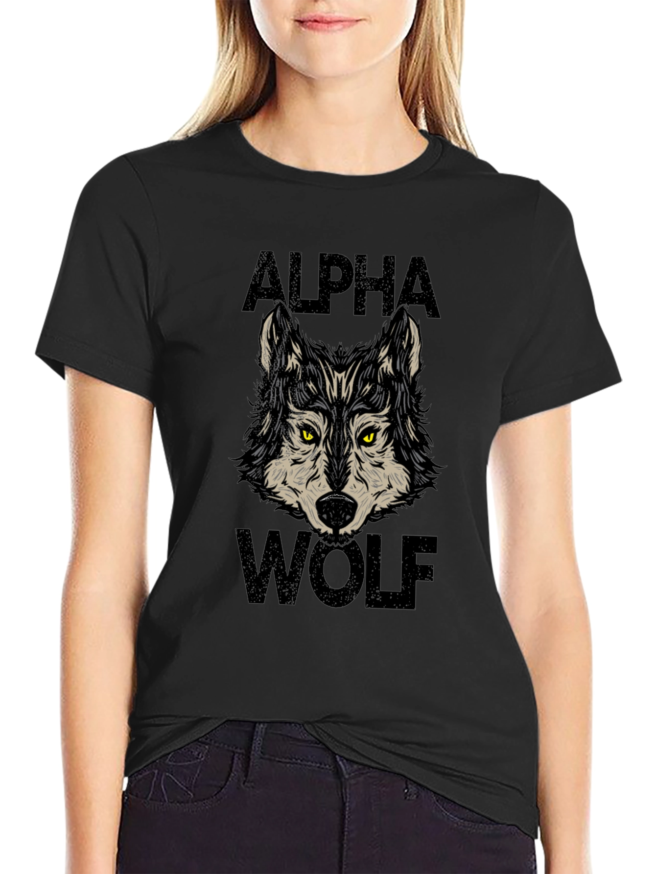 Black Alpha Wolf Graphic Print Black T-Shirt view 2