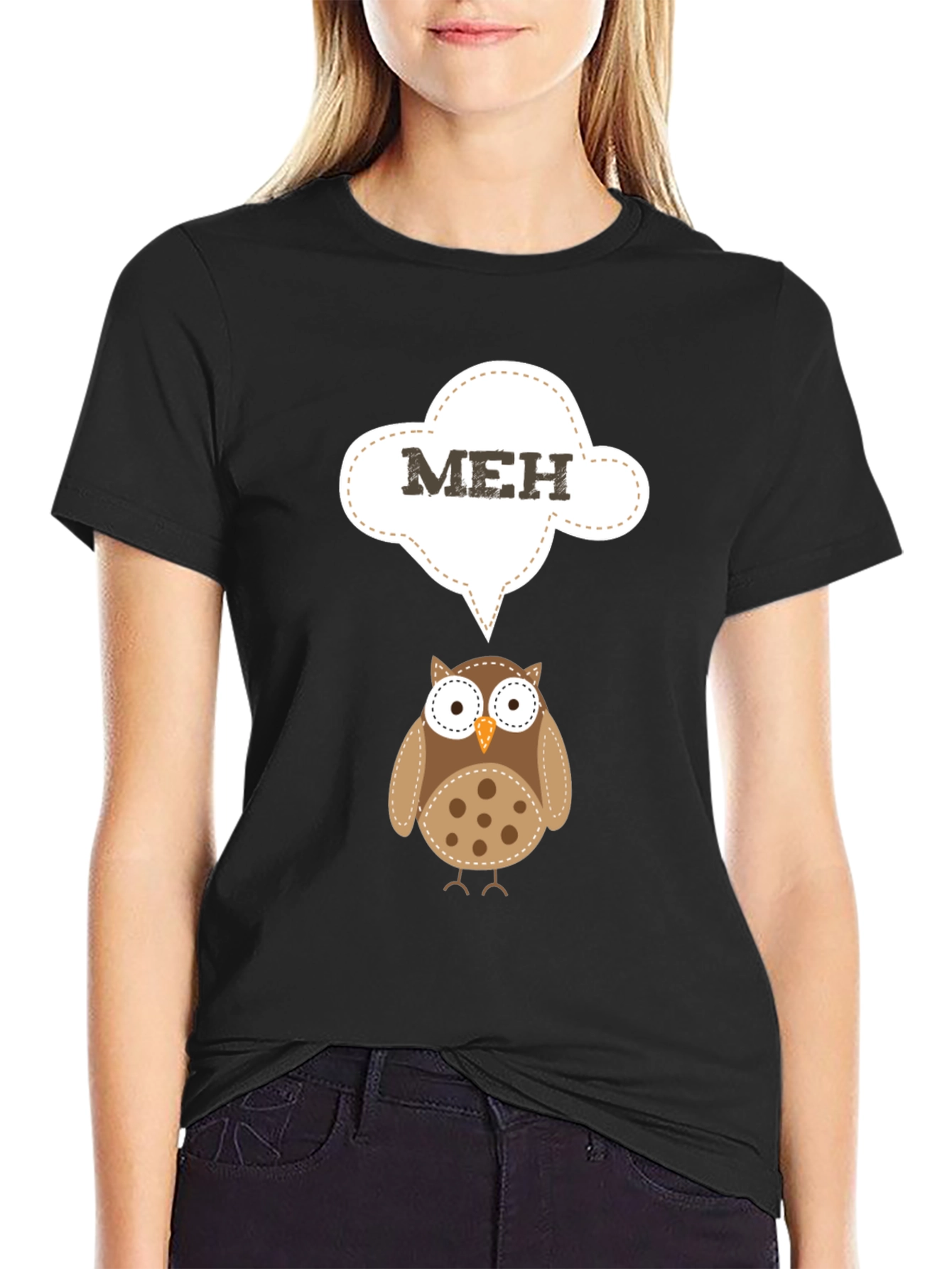 Black Meh Owl T-Shirt - Funny Cartoon Graphic Tee view 2