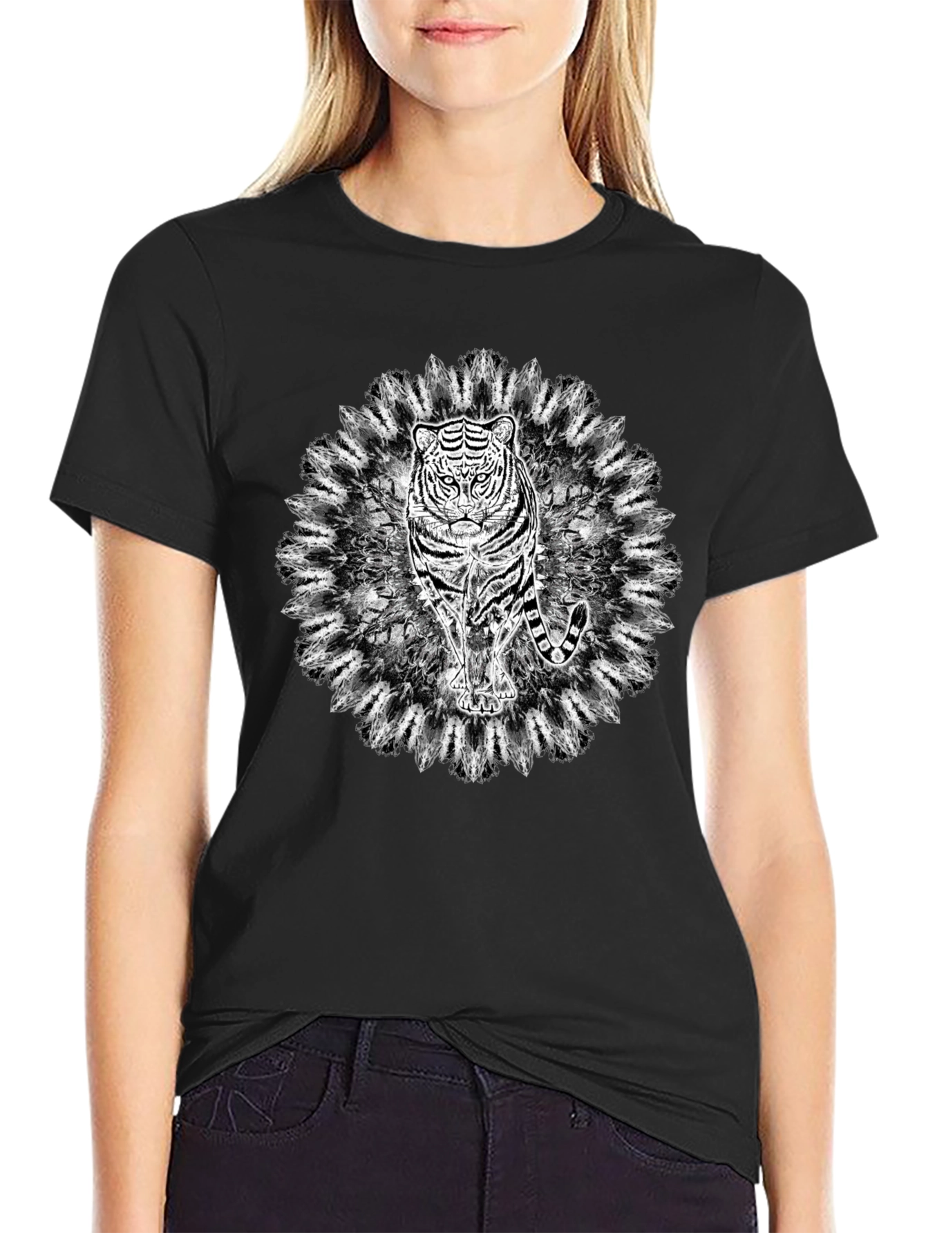 Black Tiger Mandala Graphic Black T-Shirt view 2