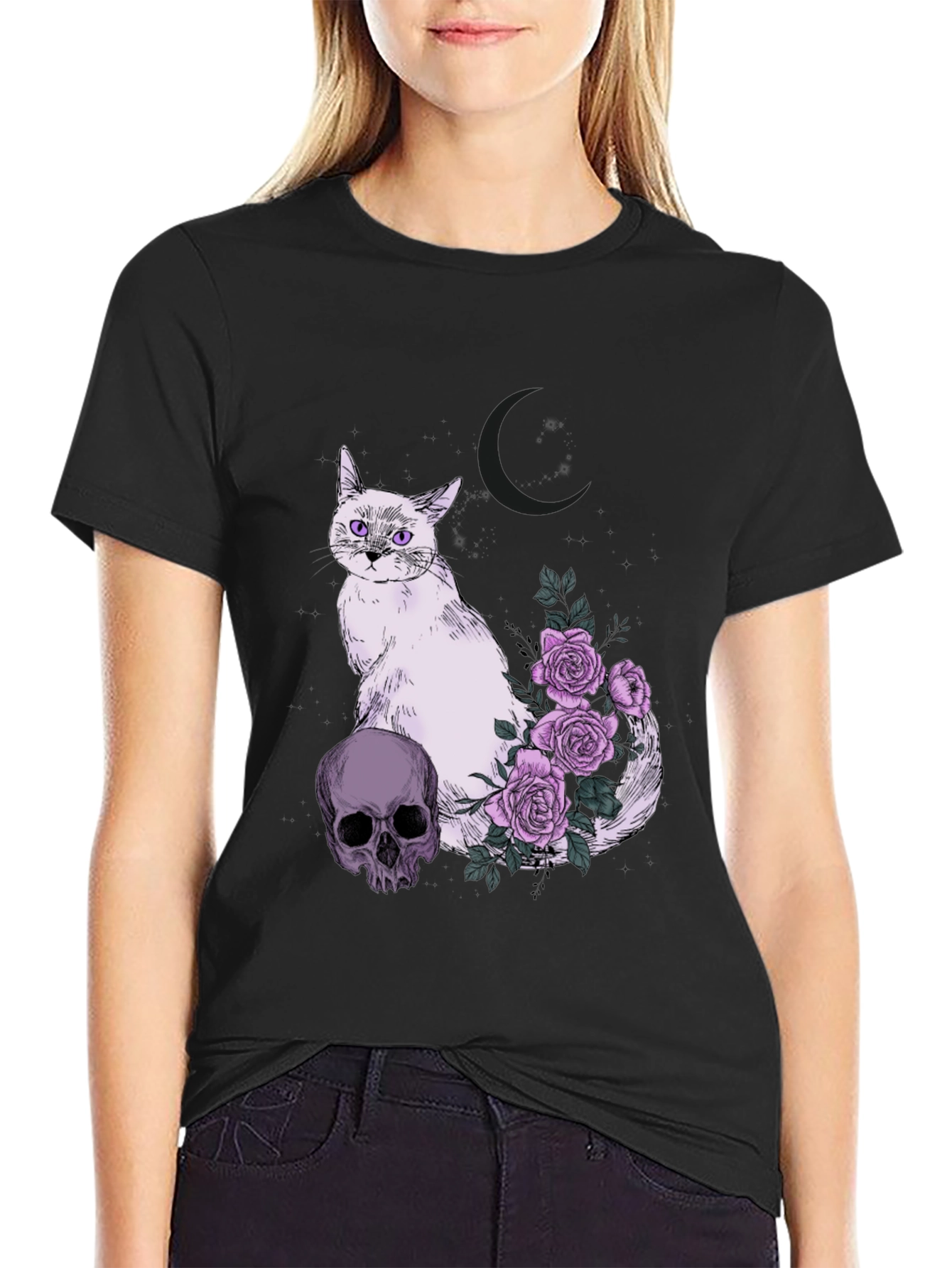 Black Gothic Cat Skull & Roses T-Shirt view 2