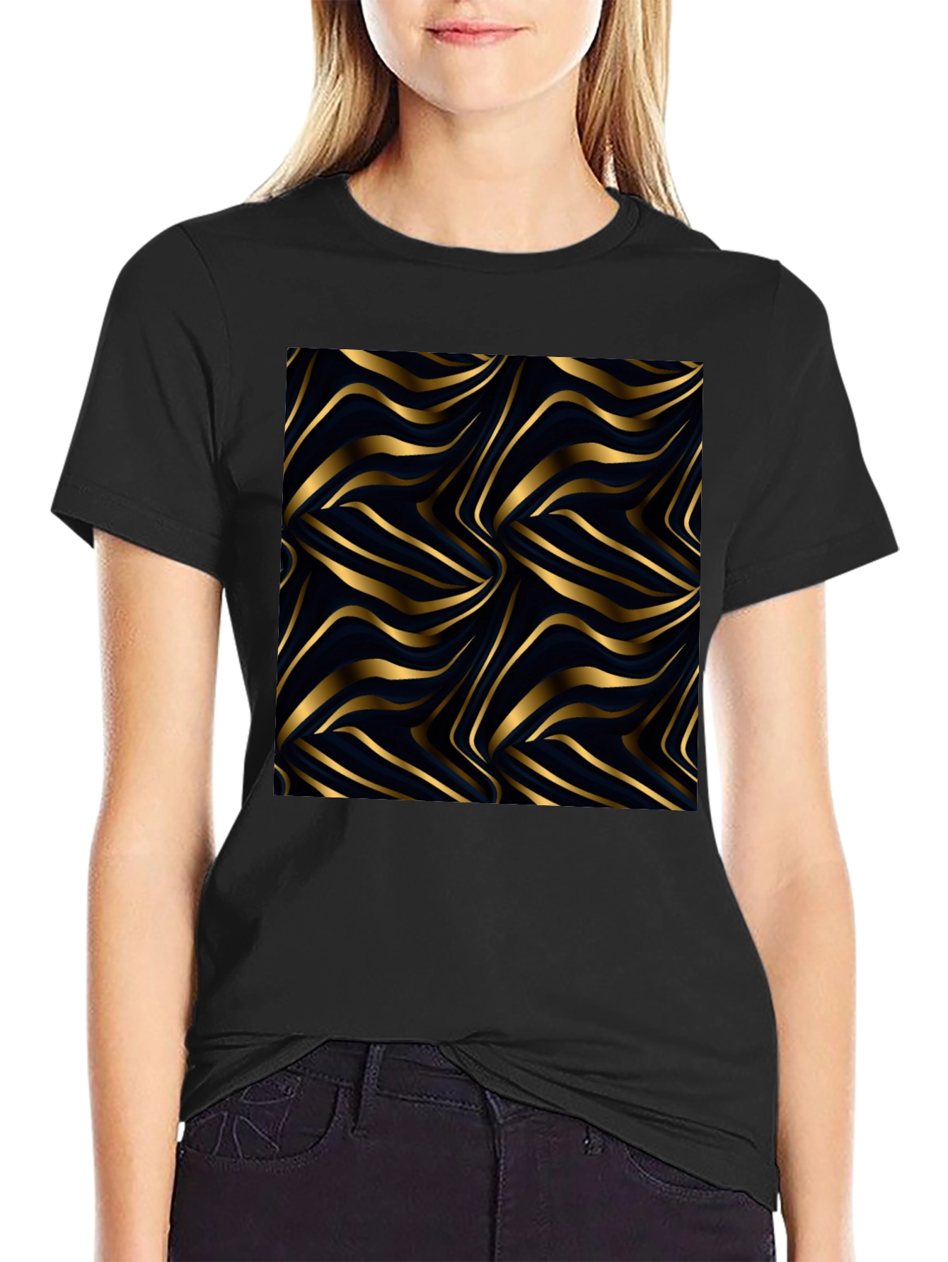 Black Gold Wave Pattern Black Tee view 2